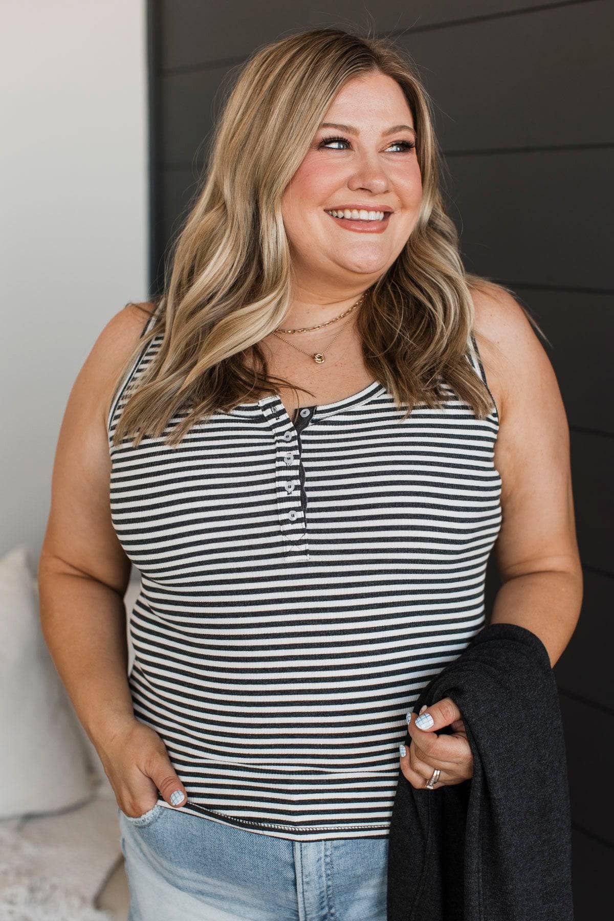 All The Compliments Striped Tank Top- Charcoal