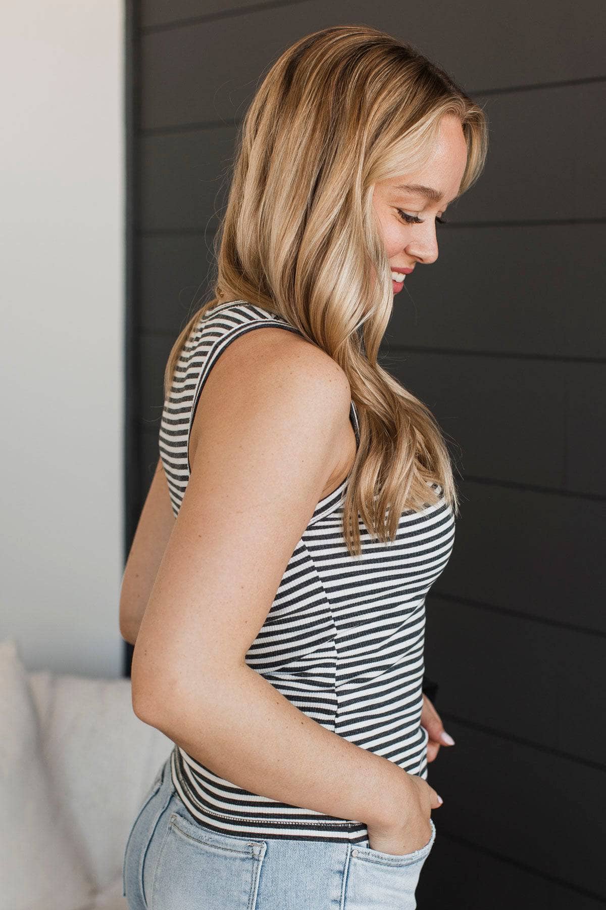 All The Compliments Striped Tank Top- Charcoal - Image 6