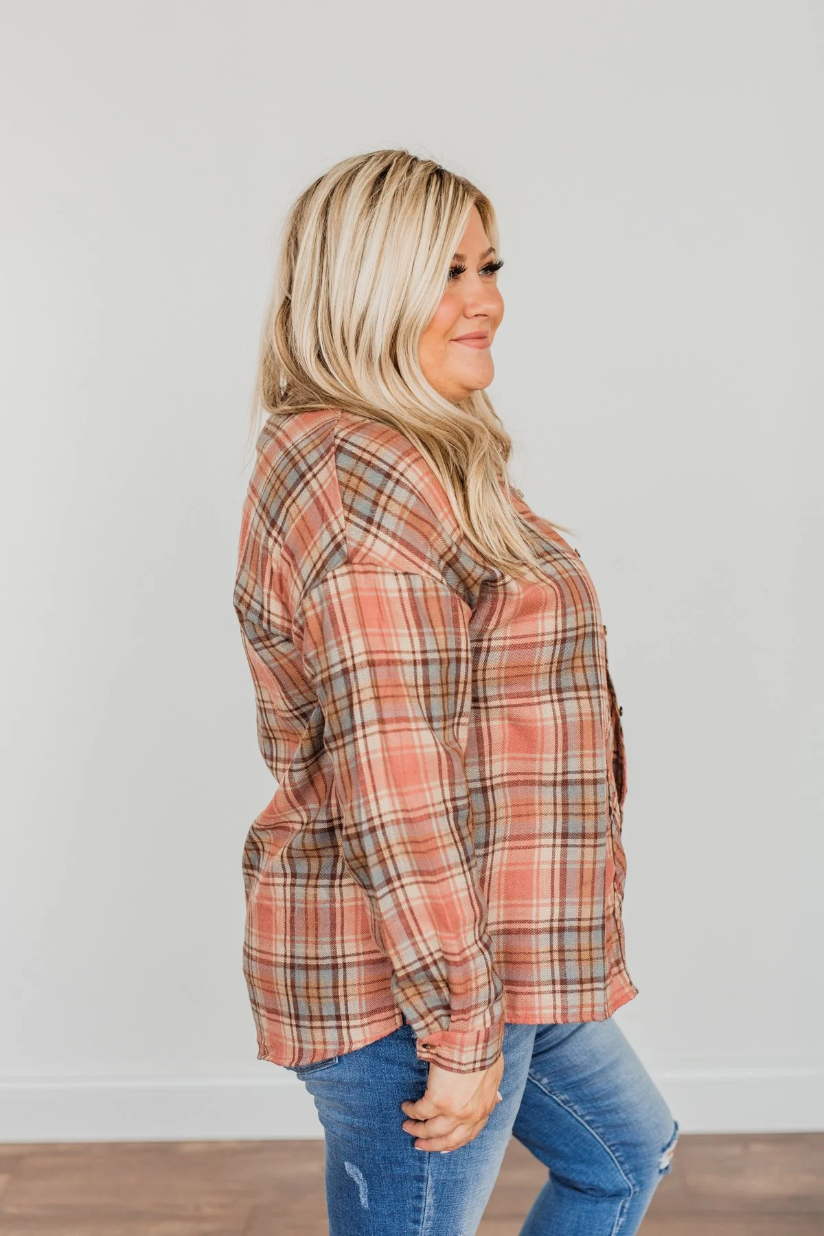 All The Fall Things Plaid Button Top- Dusty Pink, Blue, & Brown - Image 10