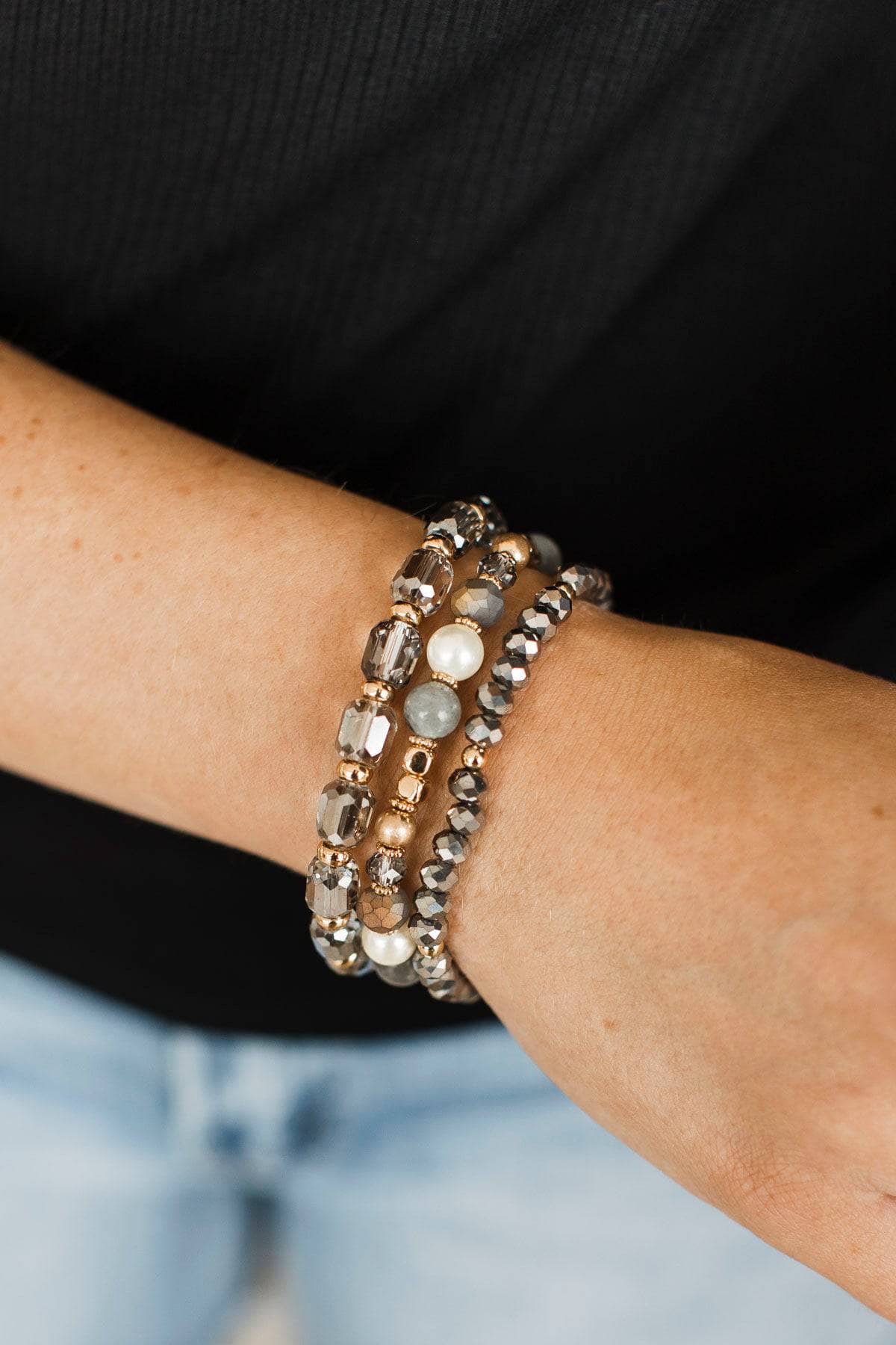 All The Glamour Beaded Bracelet Set- Grey