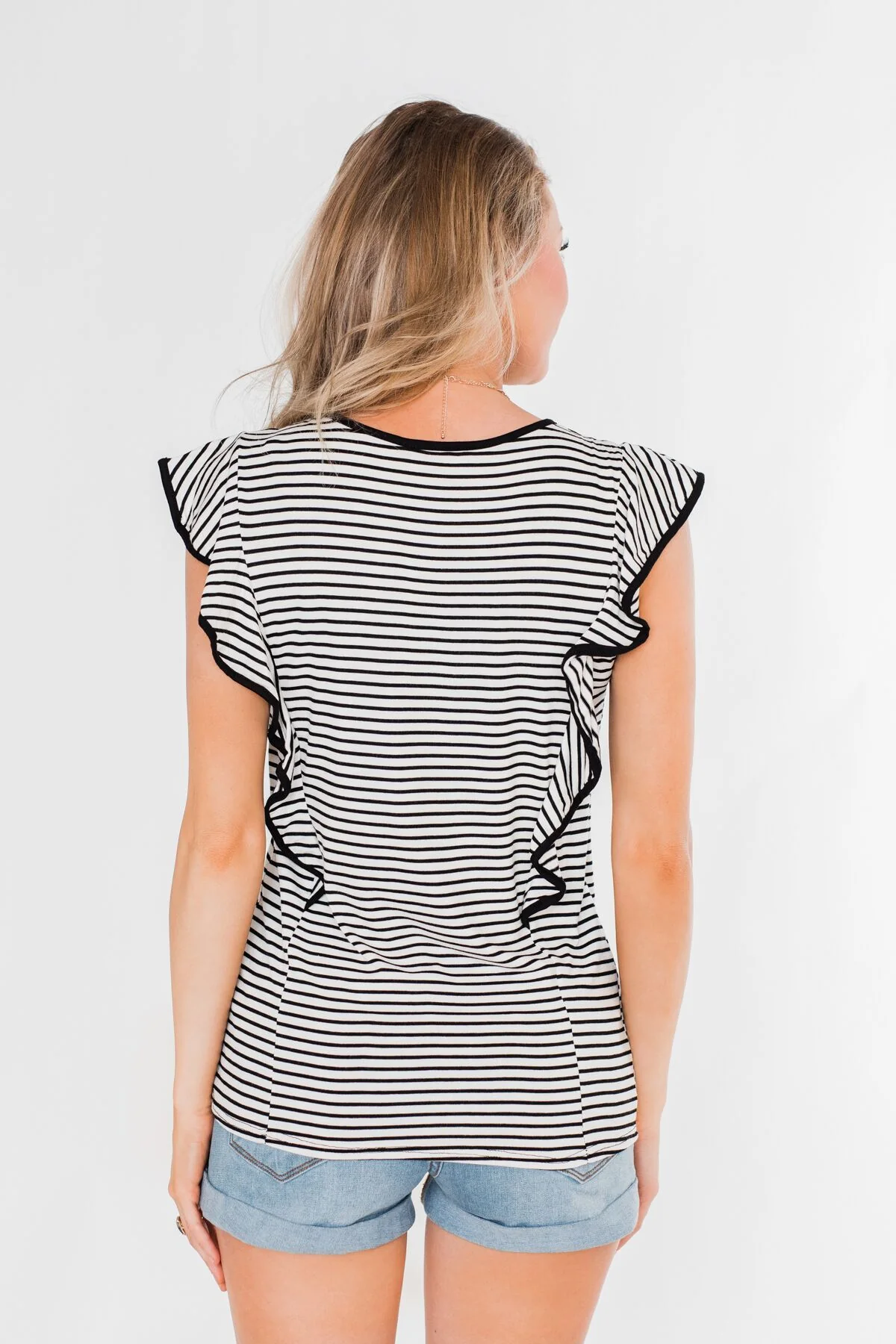All The Good Things Striped Ruffle Top- Black & Ivory - Image 11