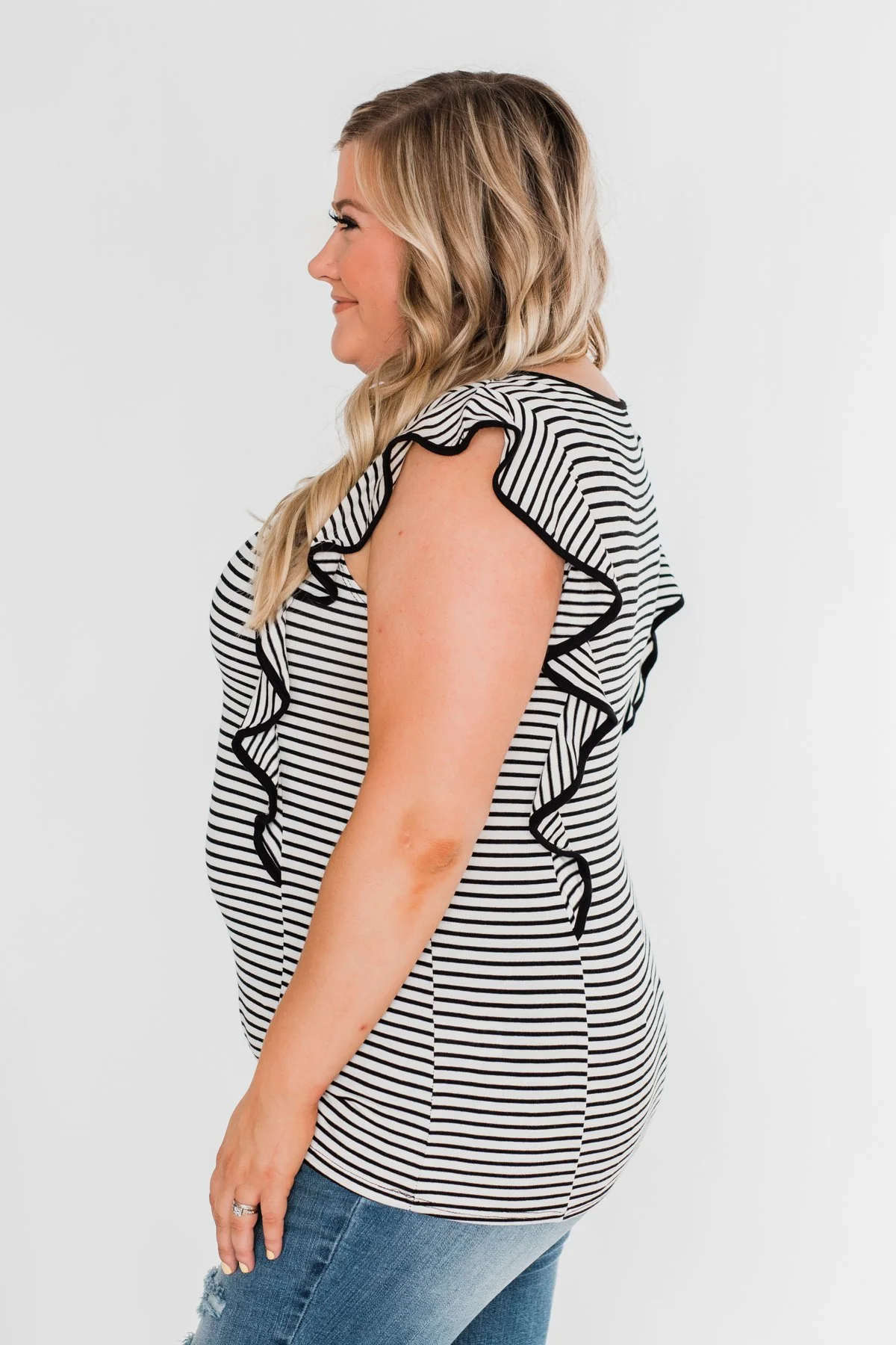 All The Good Things Striped Ruffle Top- Black & Ivory - Image 9
