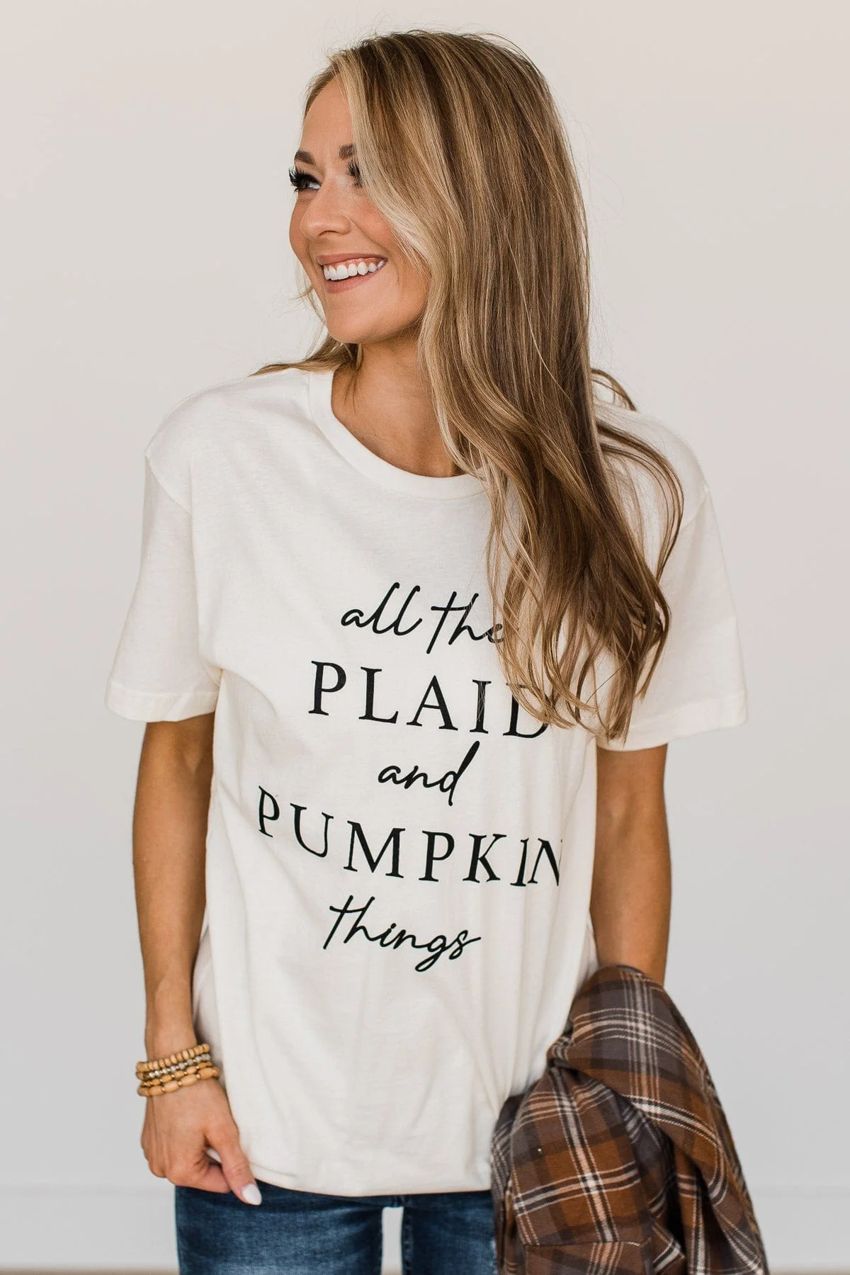 "All The Plaid And Pumpkin Things" Graphic Tee- Cream - Image 2