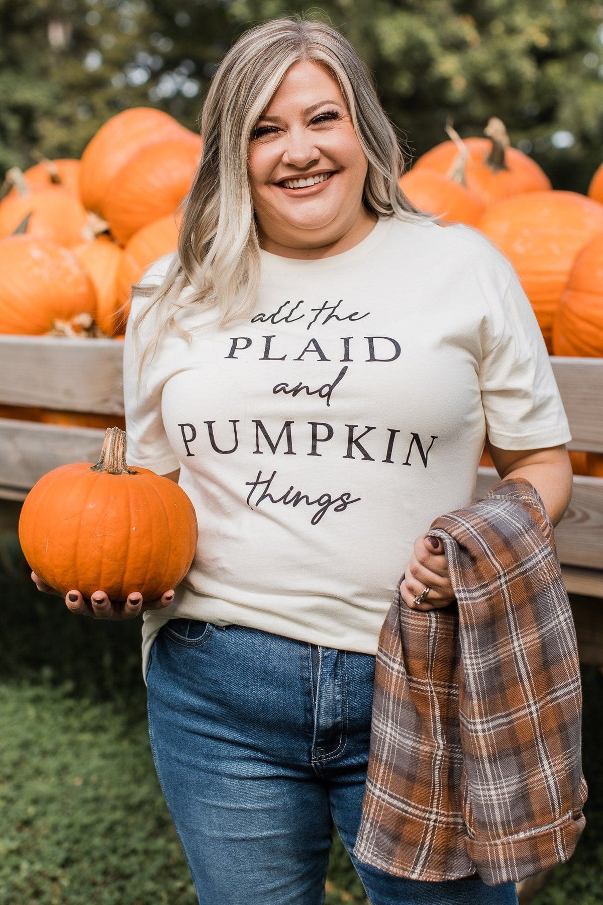 "All The Plaid And Pumpkin Things" Graphic Tee- Cream - Image 3