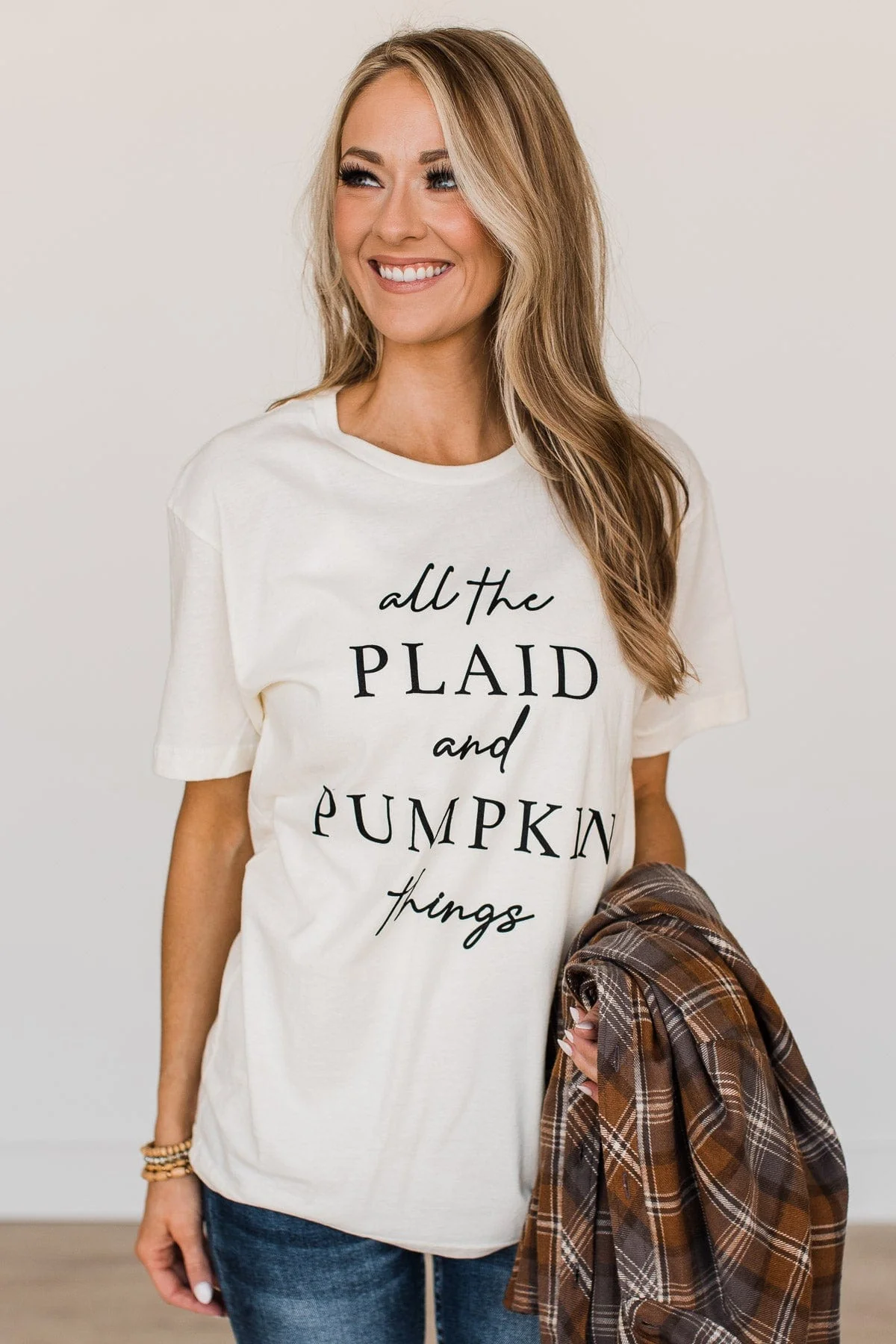 "All The Plaid And Pumpkin Things" Graphic Tee- Cream - Image 4