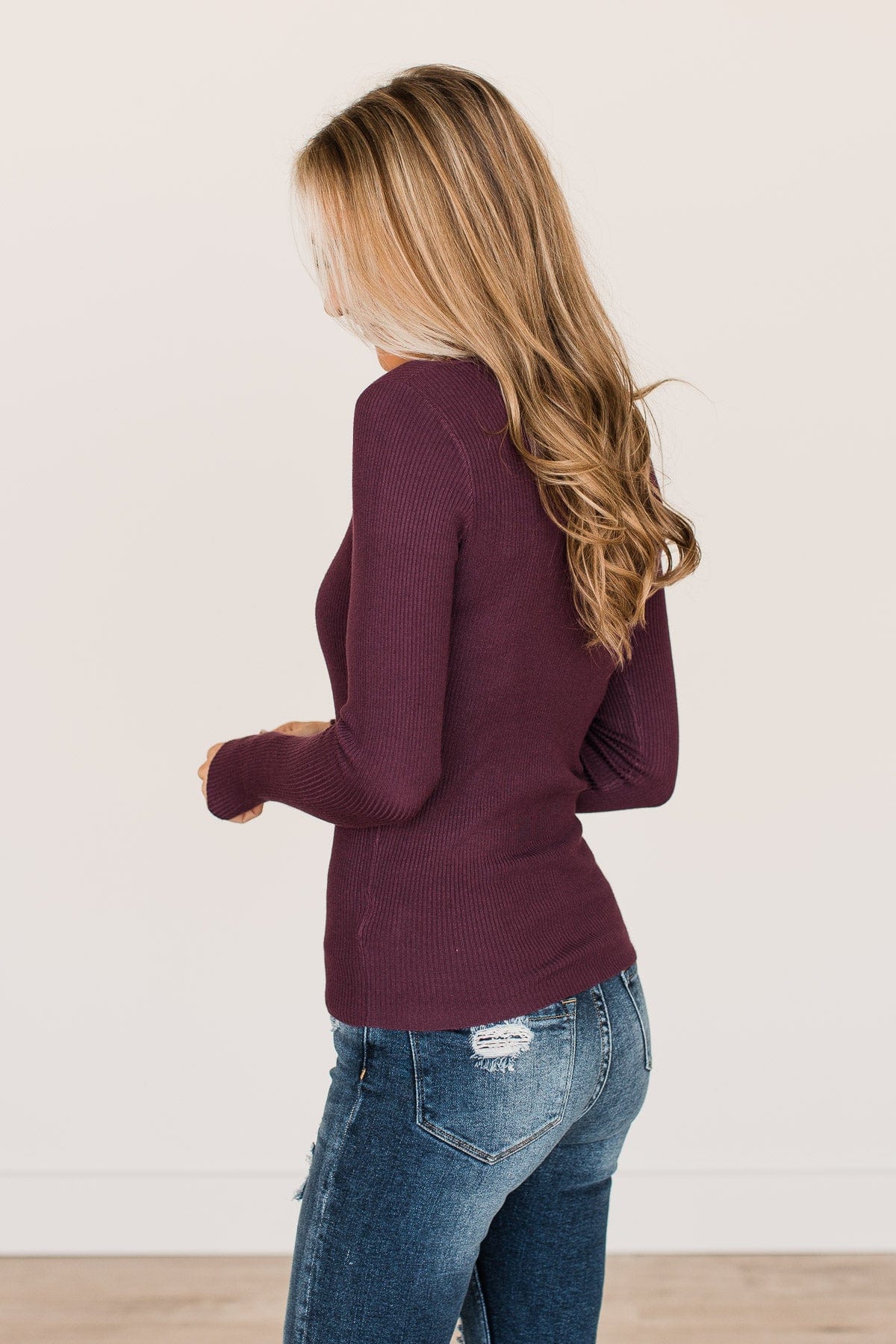 All The Possibilities Notch Knit Top- Eggplant - Image 9