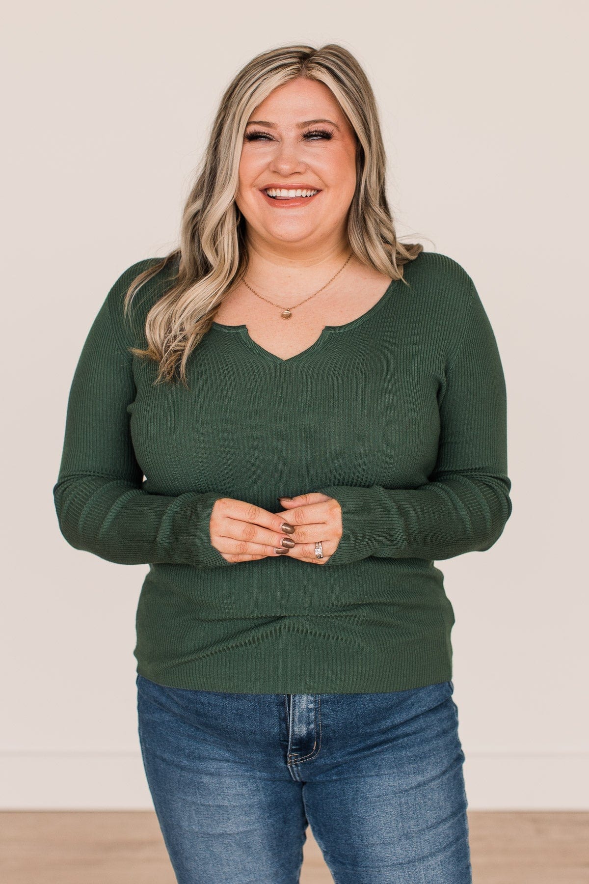 All The Possibilities Notch Knit Top- Hunter Green - Image 3