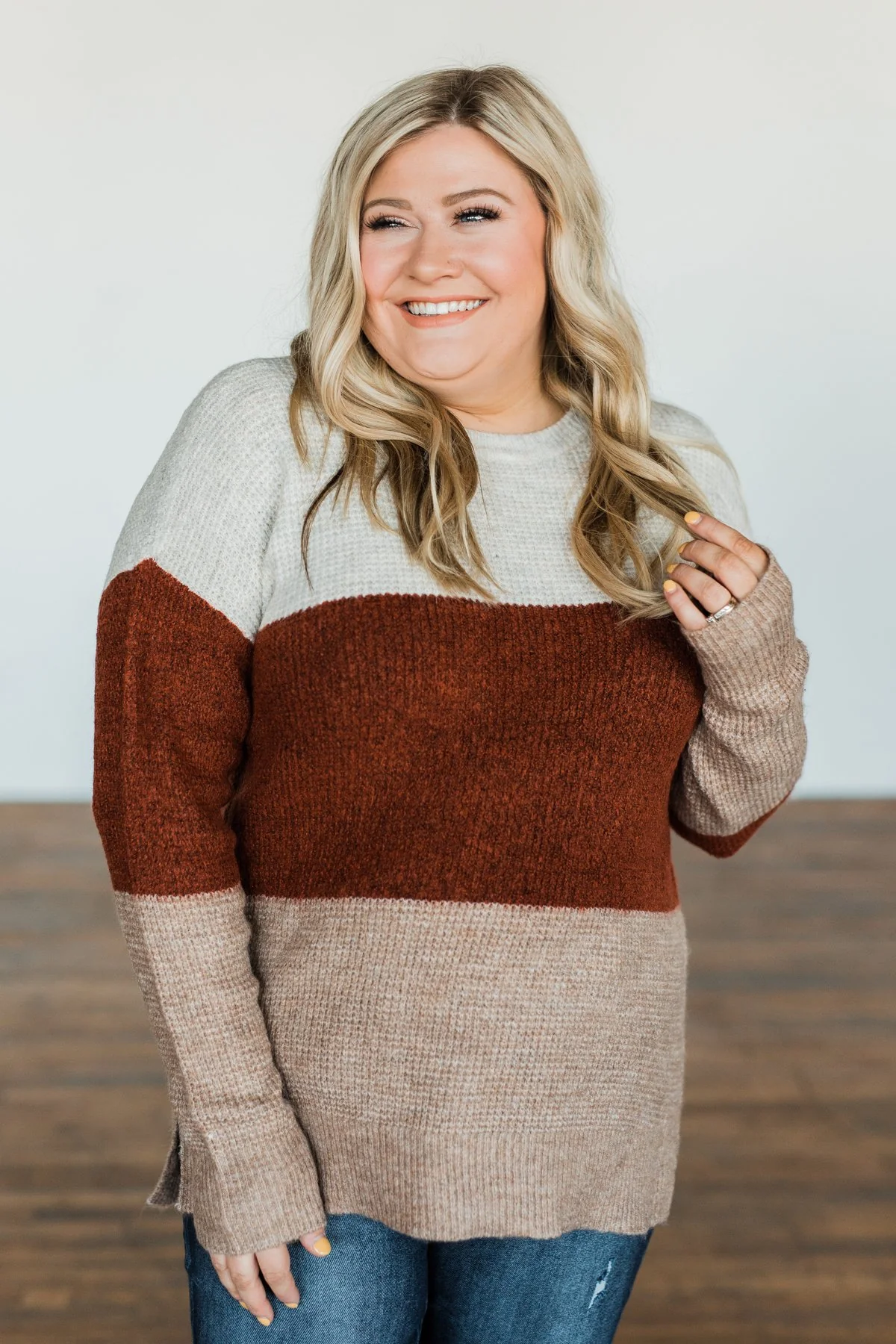 All Things Charming Colorblock Sweater- Oatmeal, Rust, Mocha - Image 2