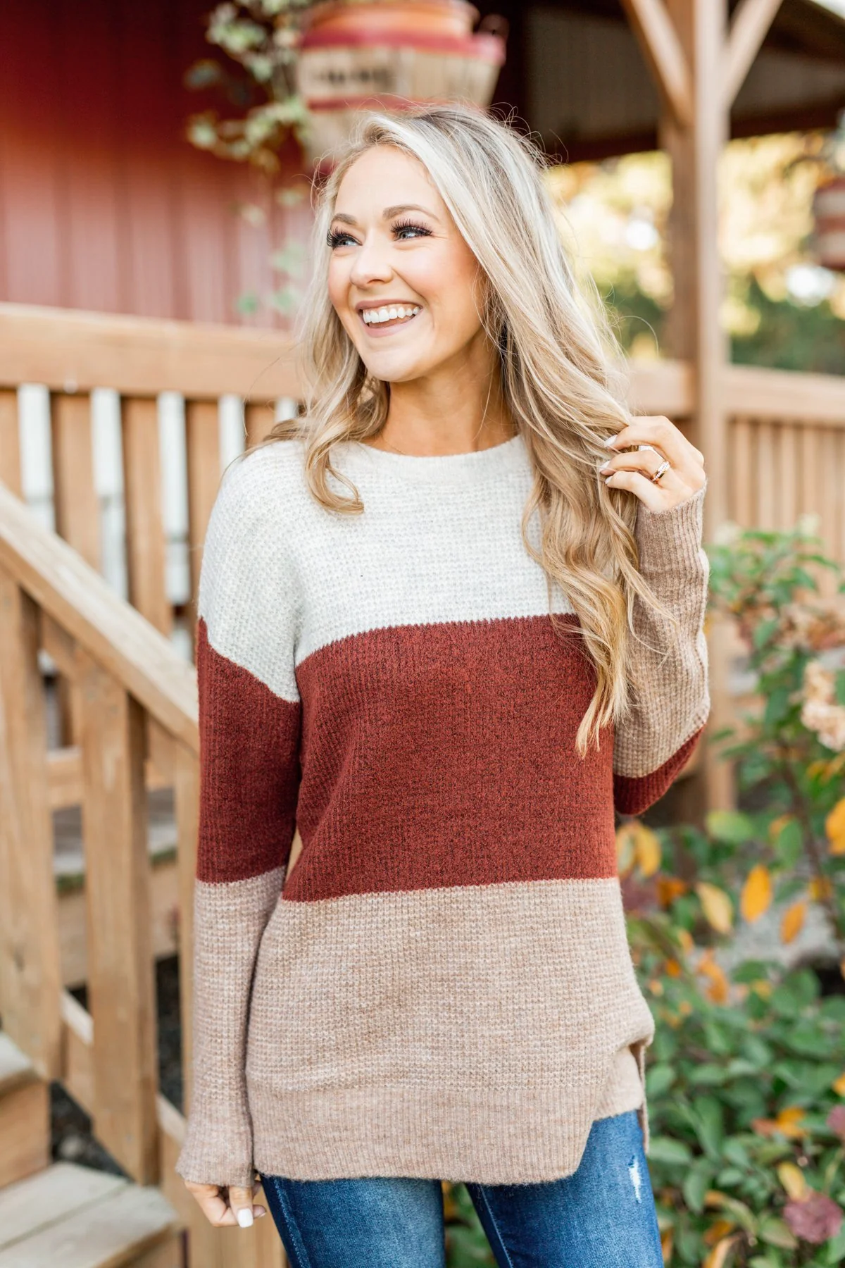 All Things Charming Colorblock Sweater- Oatmeal, Rust, Mocha - Image 3