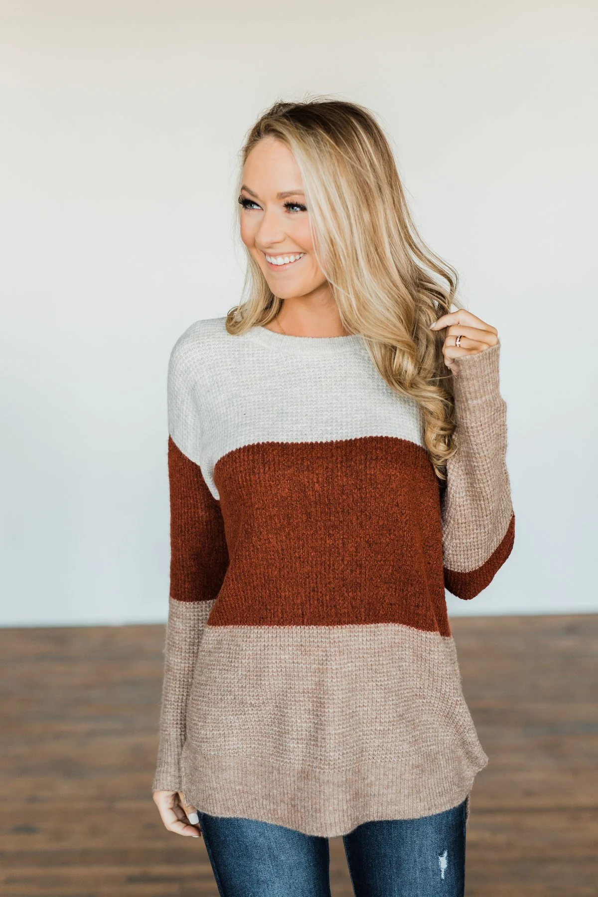 All Things Charming Colorblock Sweater- Oatmeal, Rust, Mocha - Image 7