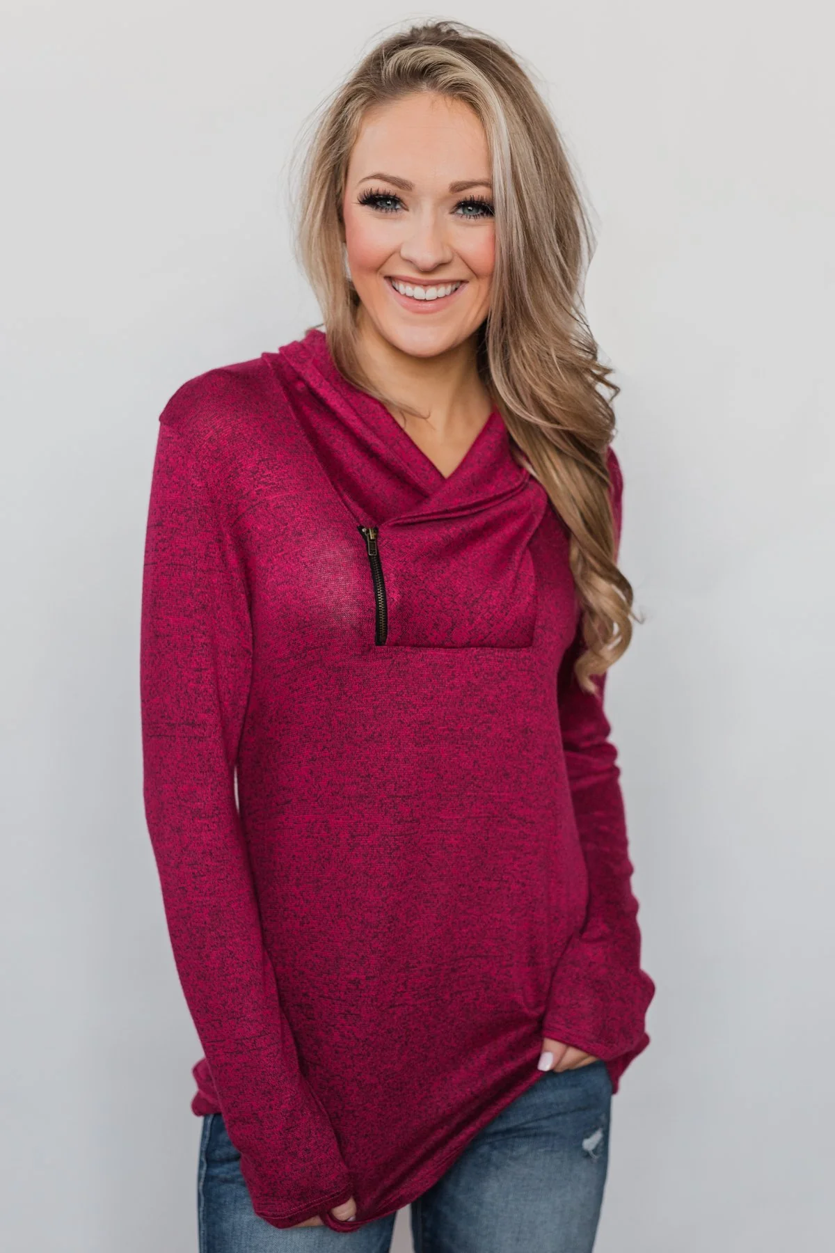 All This Time Zipper Pullover Top- Fuchsia - Image 2