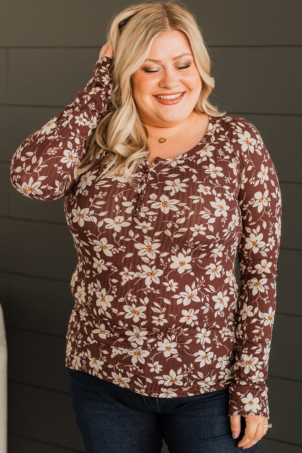 All Together Now Floral Henley Top- Brown - Image 2