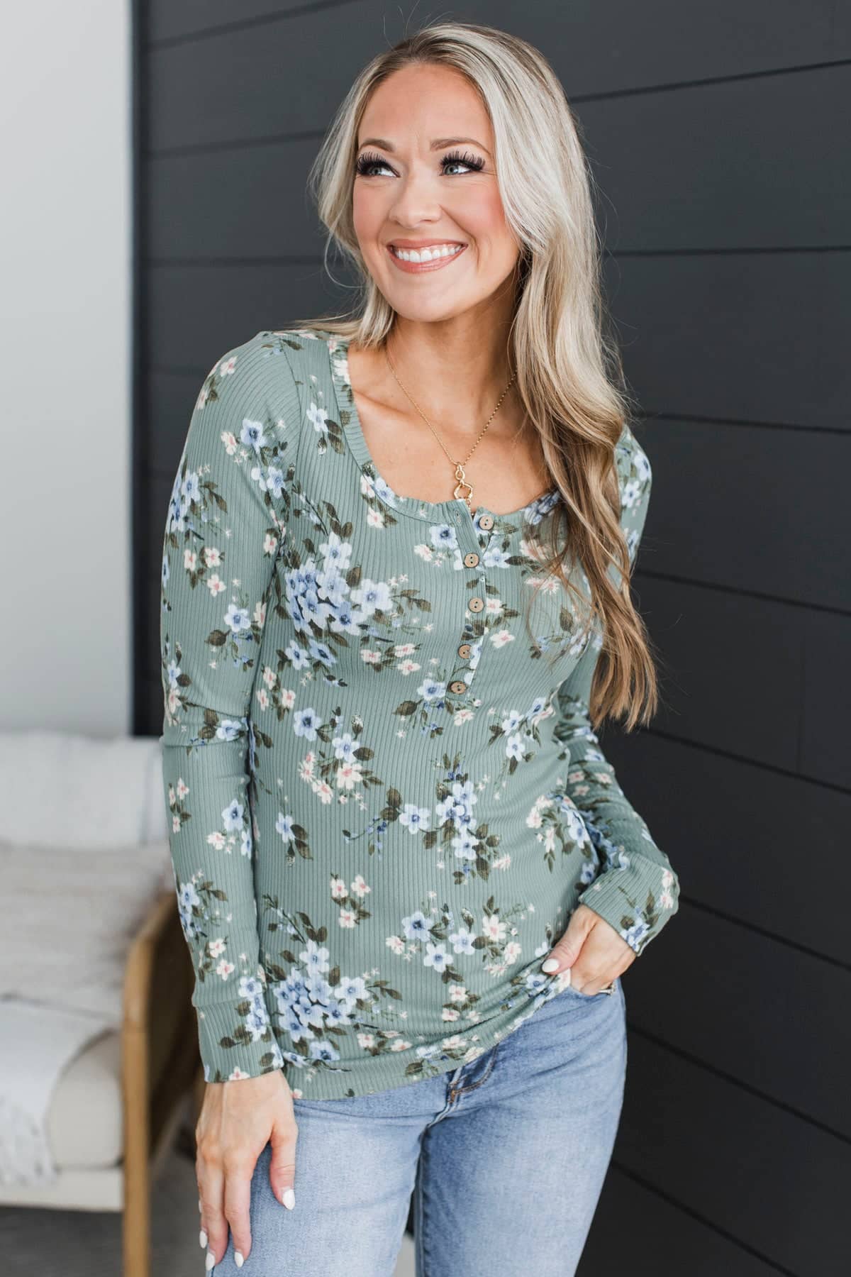 All Together Now Floral Henley Top- Sage - Image 4