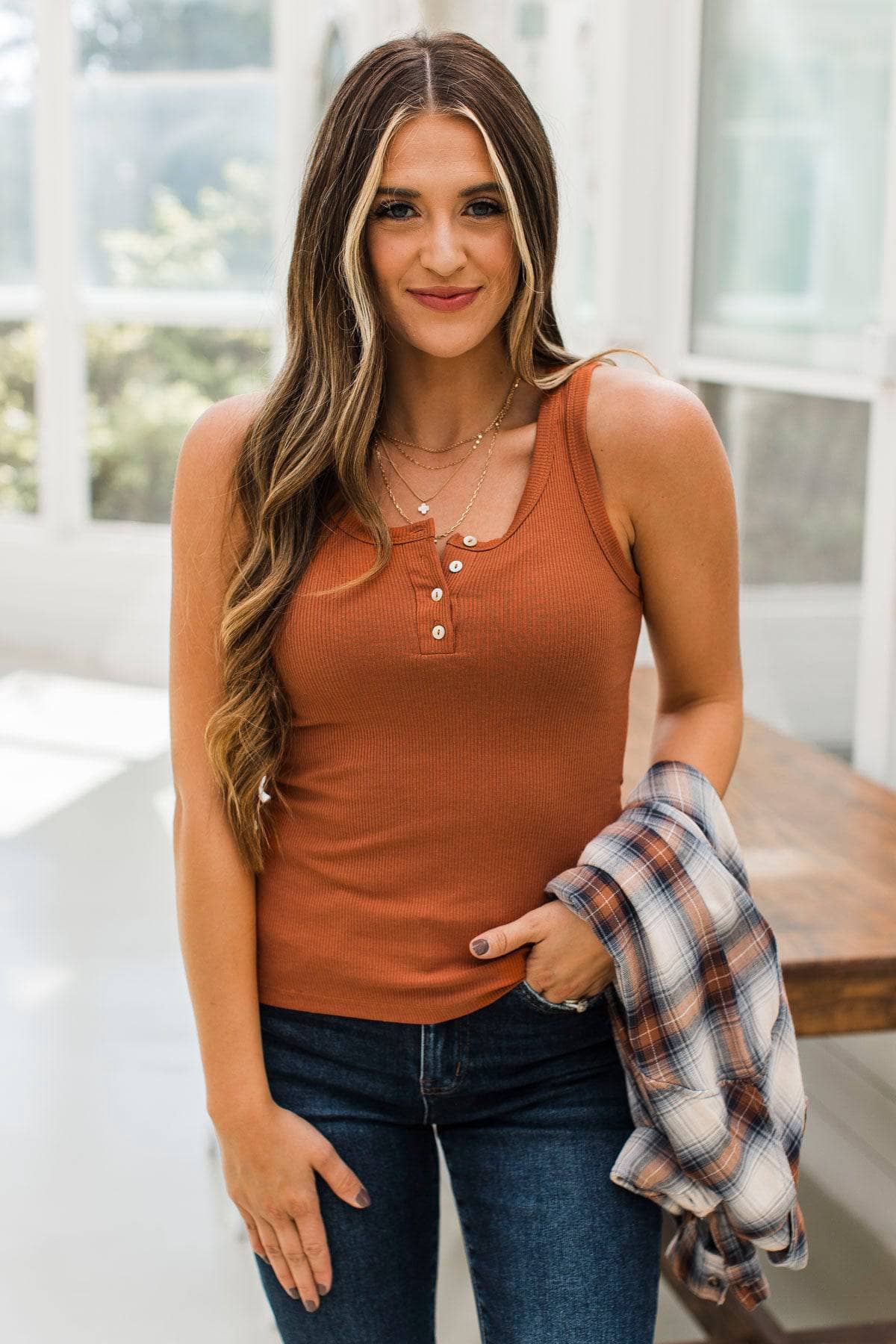 All Who Wander Henley Tank Top- Ginger - Image 2
