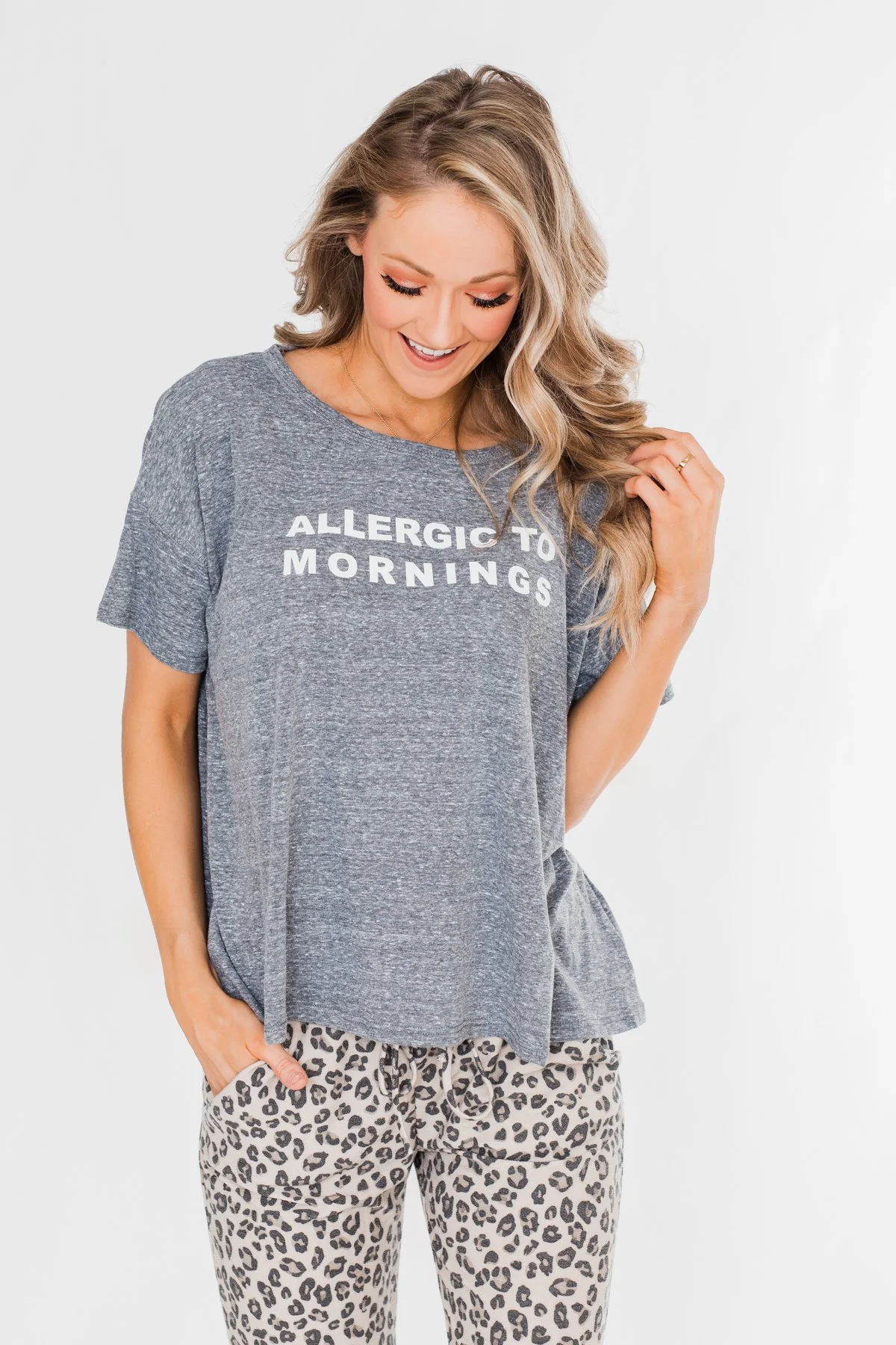 "Allergic To Mornings" Graphic Tee-Gray - Image 7