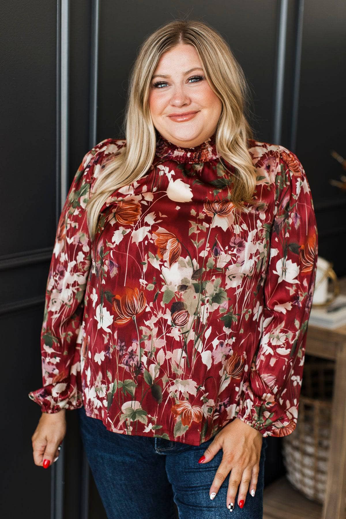 Allured By You Floral Blouse- Burgundy - Image 3