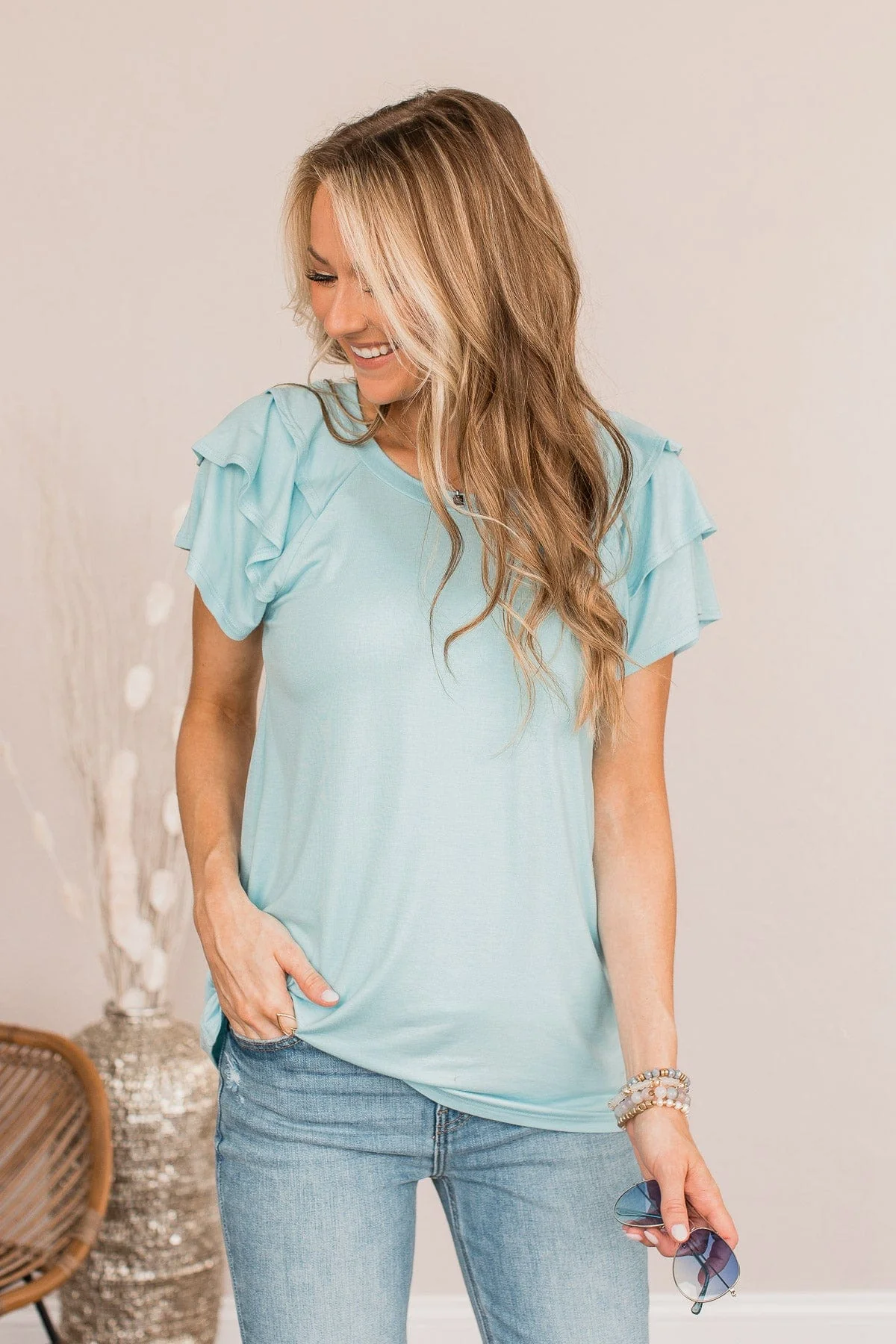 Almost There Tiered Flutter Sleeve Shirt- Light Blue - Image 3