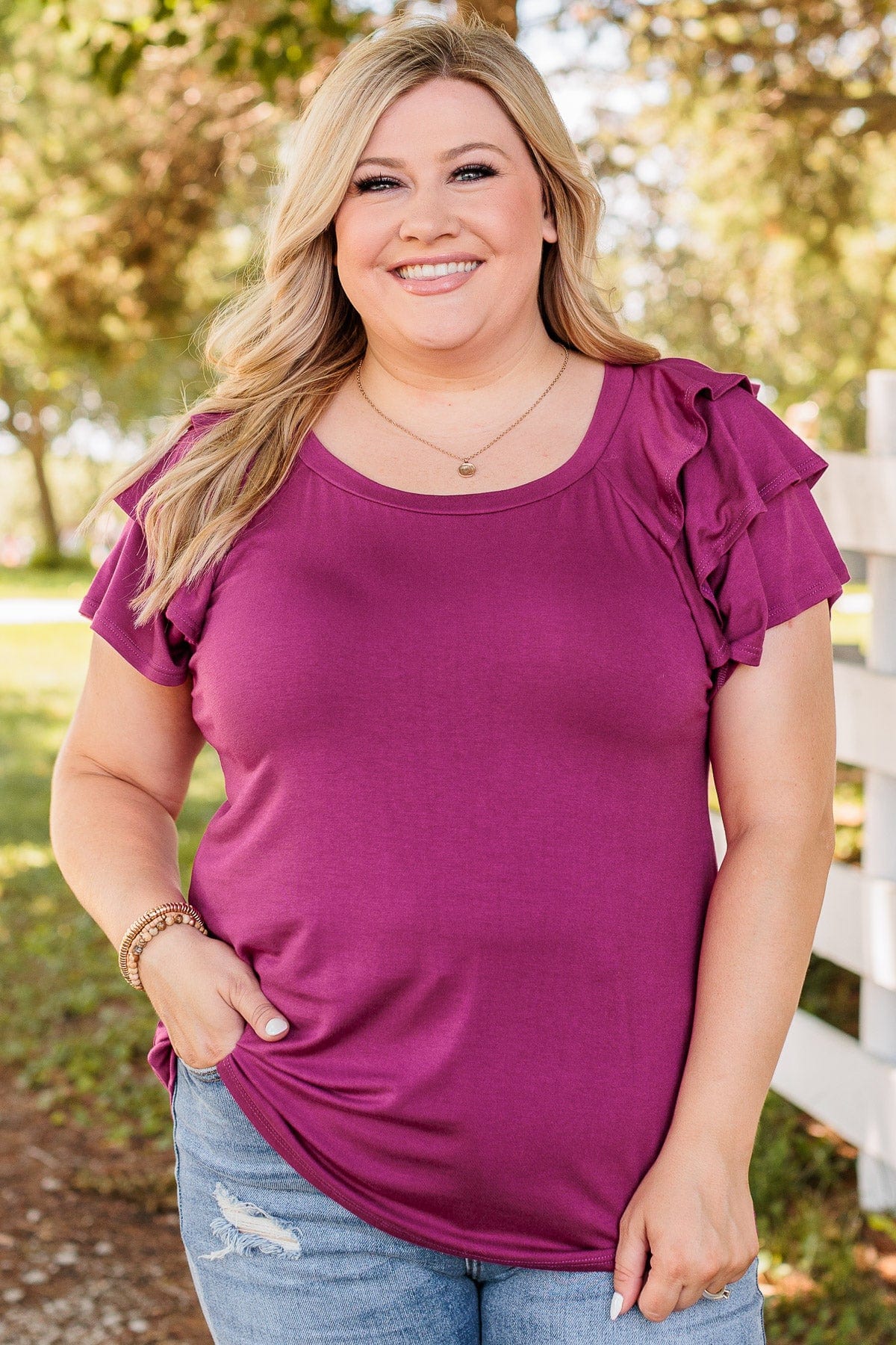 Almost There Tiered Flutter Sleeve Shirt- Magenta