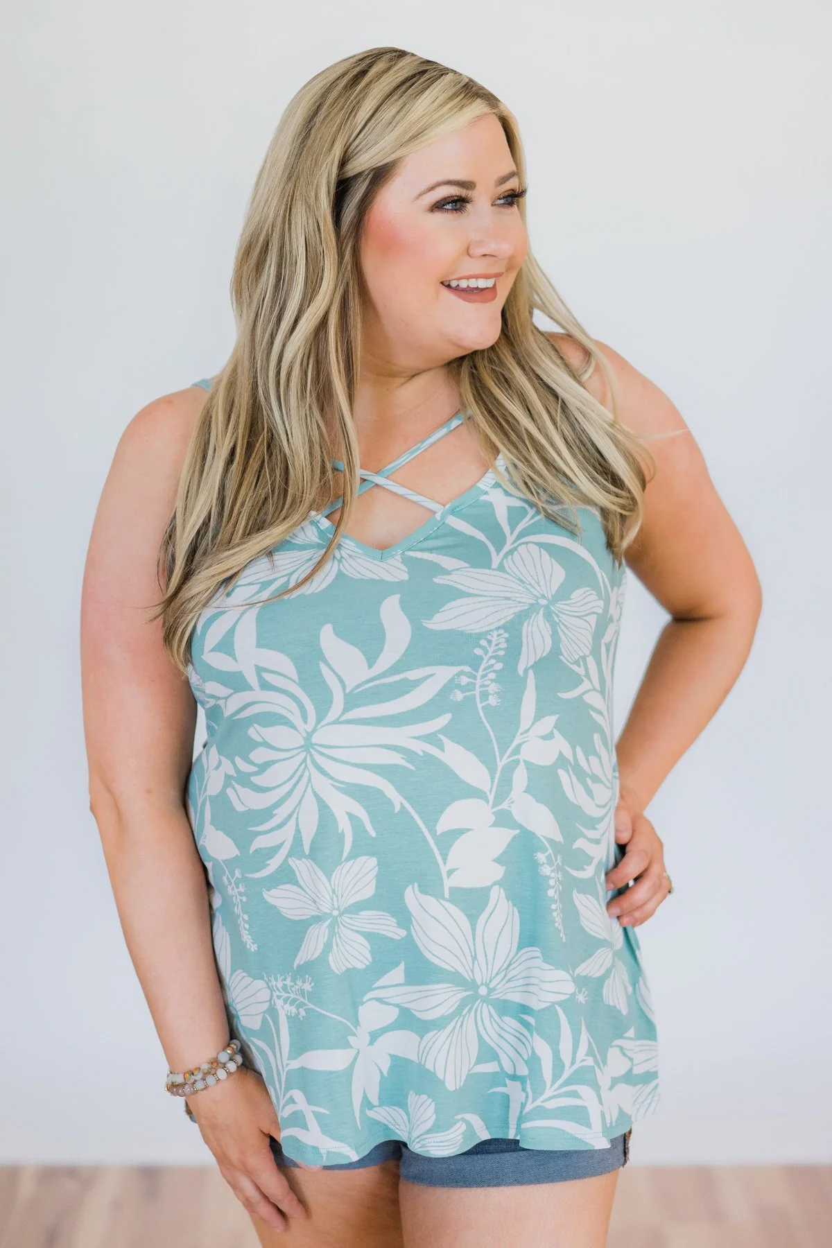 Aloha Floral Criss Cross Tank Top- Light Blue - Image 4