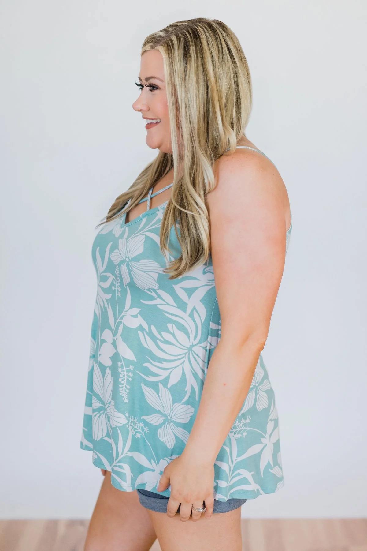 Aloha Floral Criss Cross Tank Top- Light Blue - Image 6