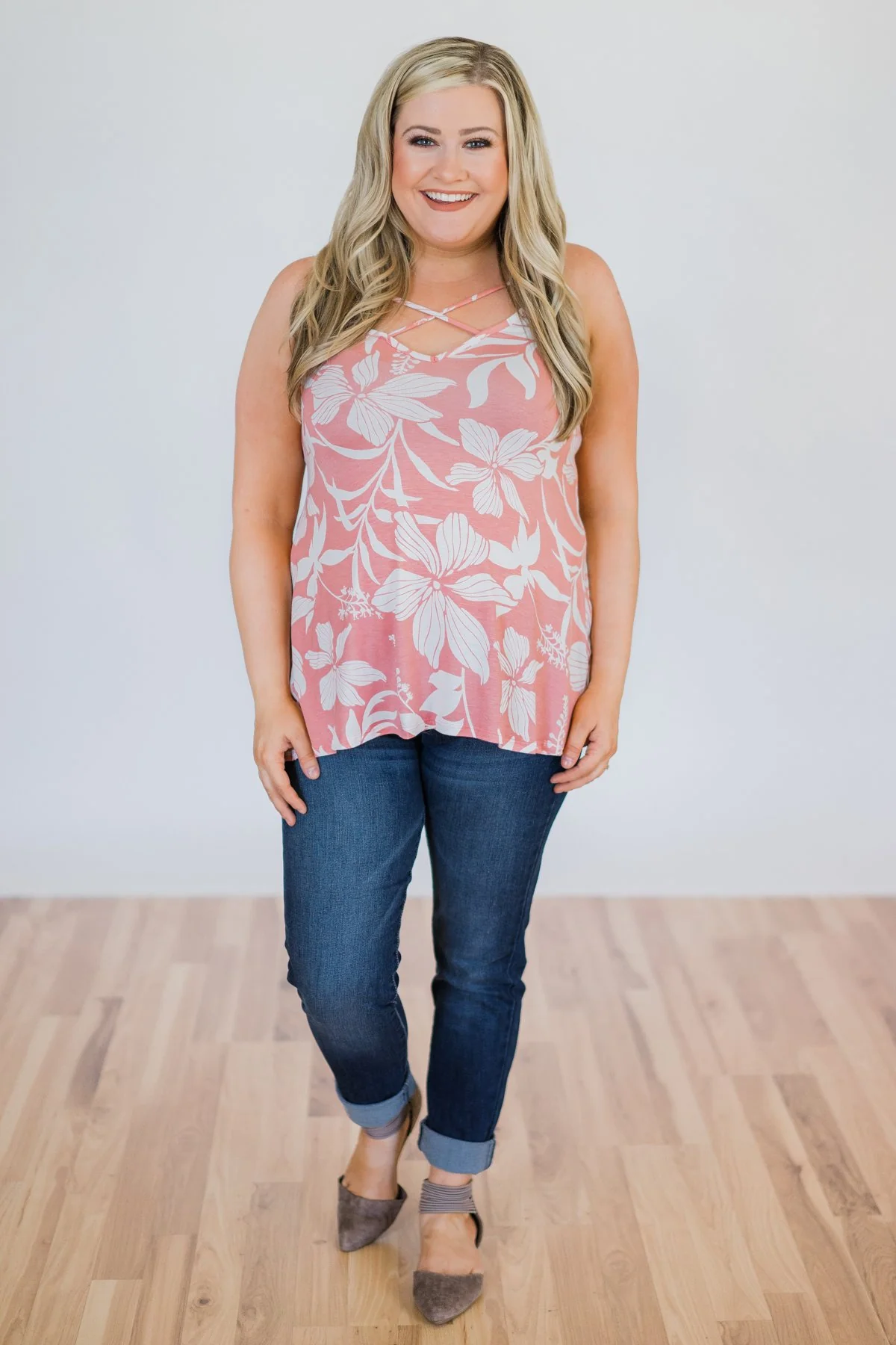 Aloha Floral Criss Cross Tank Top- Pink - Image 5