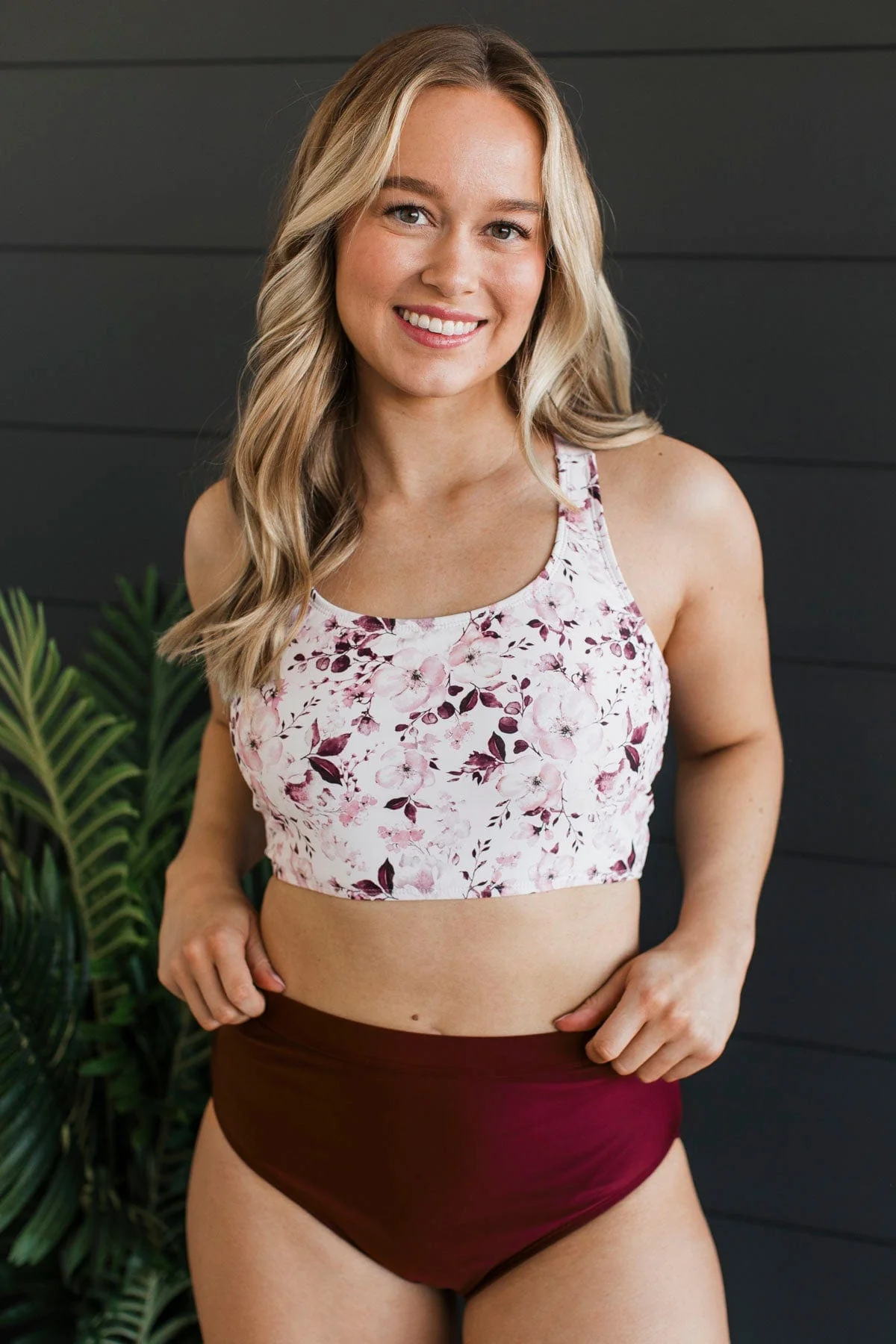 Along The Boardwalk Swim Top- Burgundy Floral - Image 2