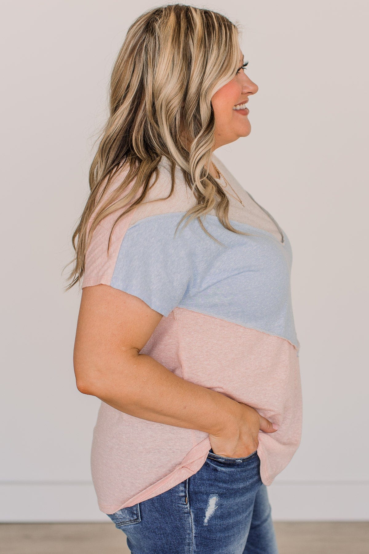 Already Yours Color Block Top- Light Coral & Blue - Image 5