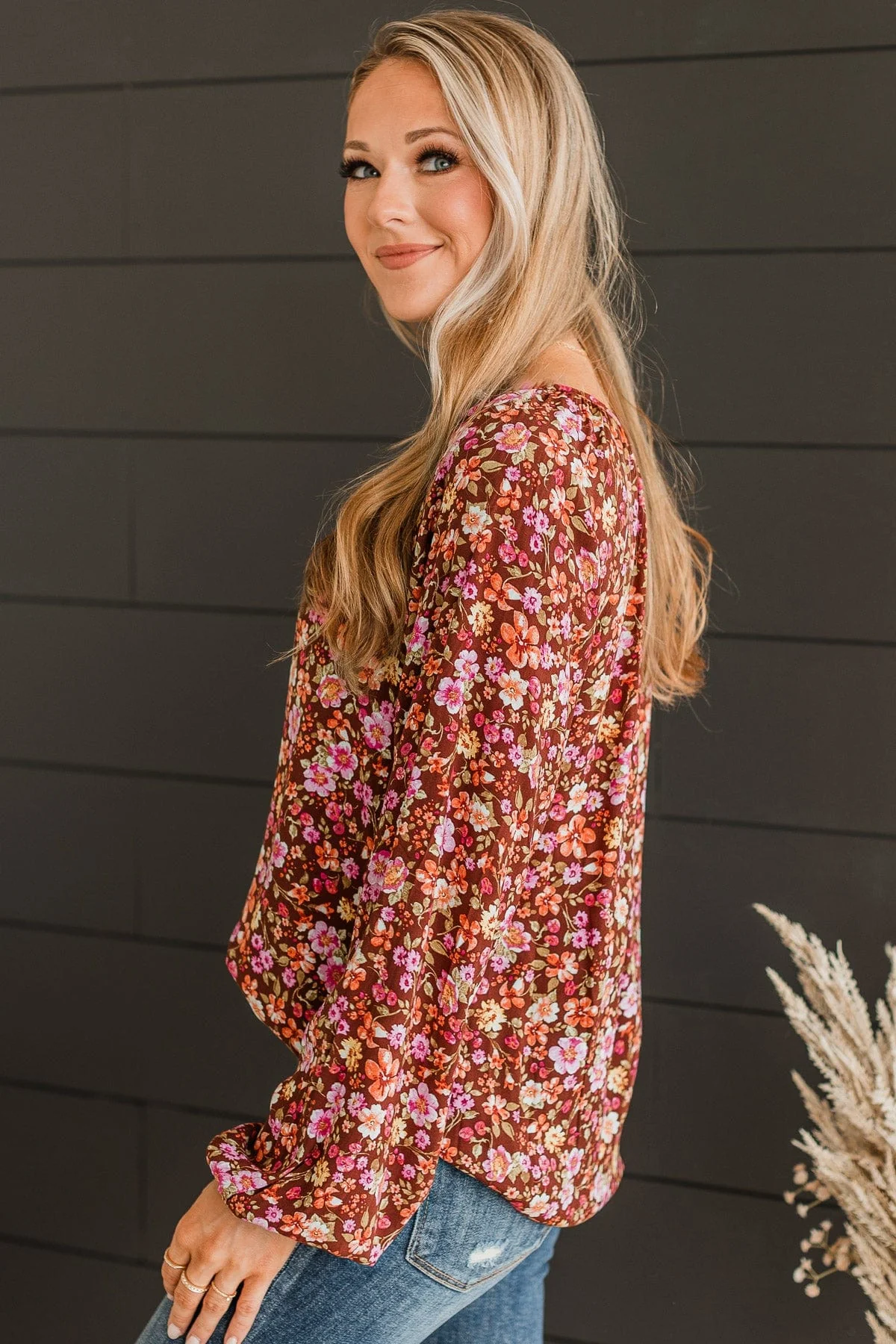 Always A Silver Lining Floral Blouse- Chocolate & Pink - Image 5
