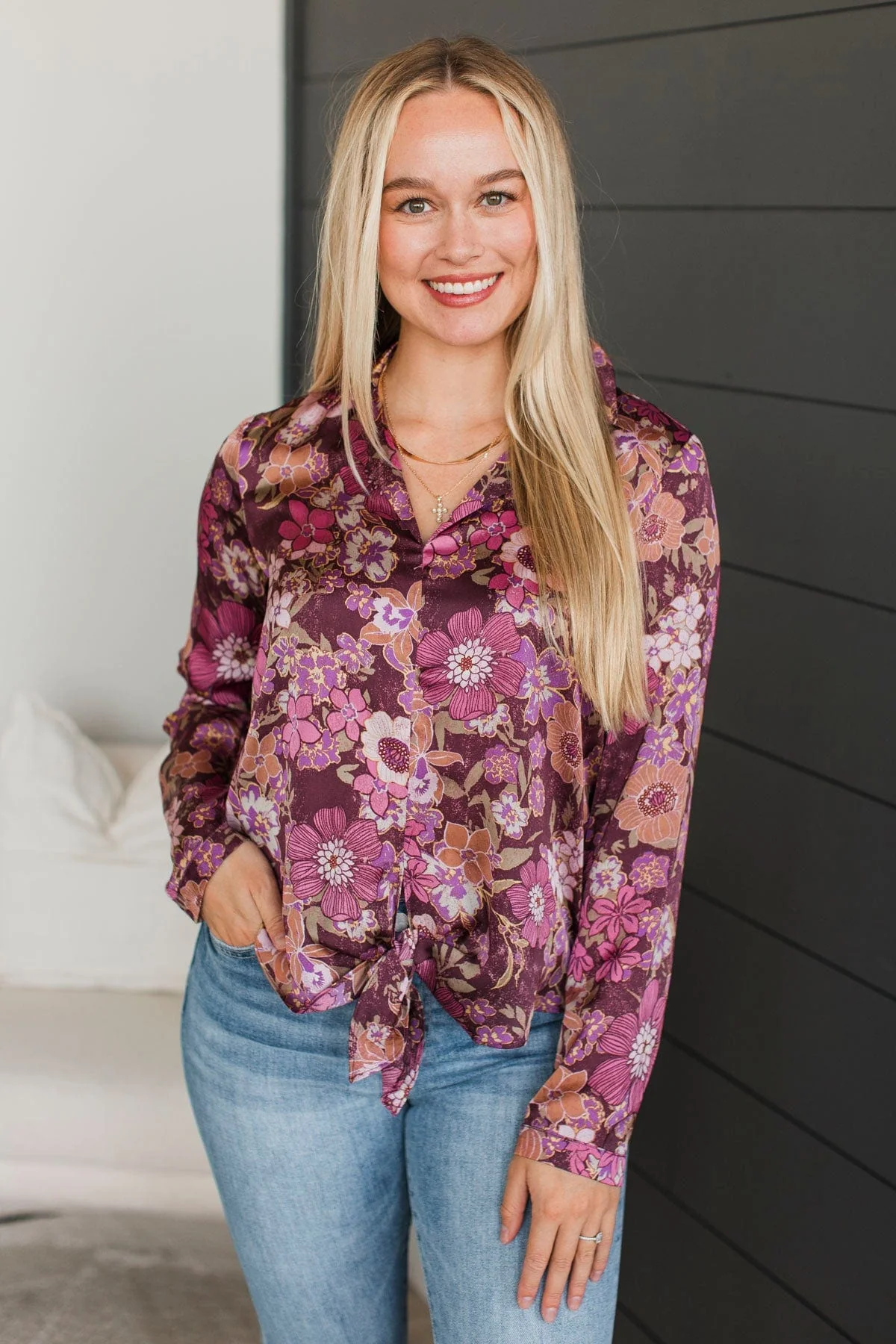 Always A Vibe Floral Satin Blouse- Merlot - Image 2