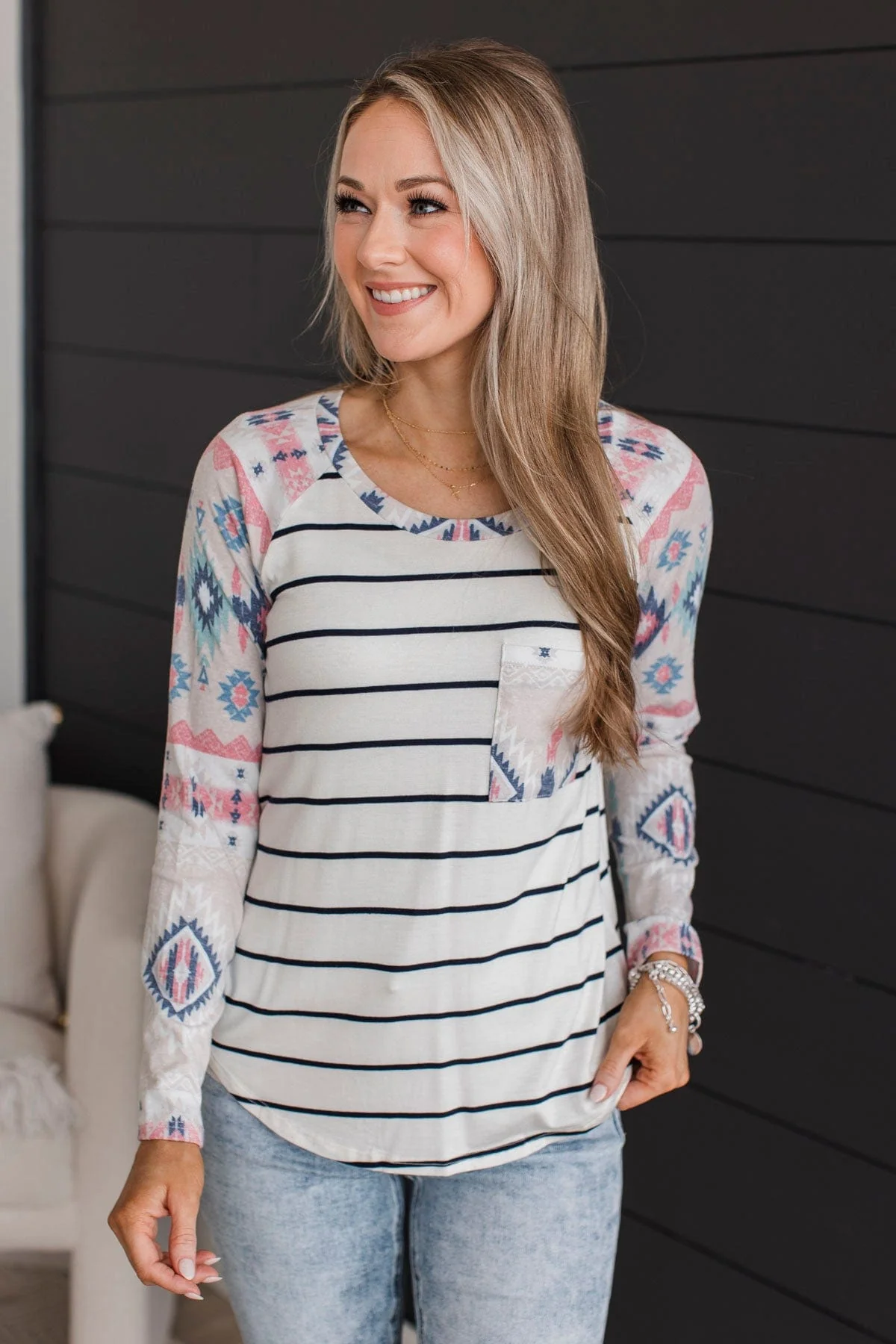 Always Adventuring Aztec Top- Off-White & Navy - Image 3