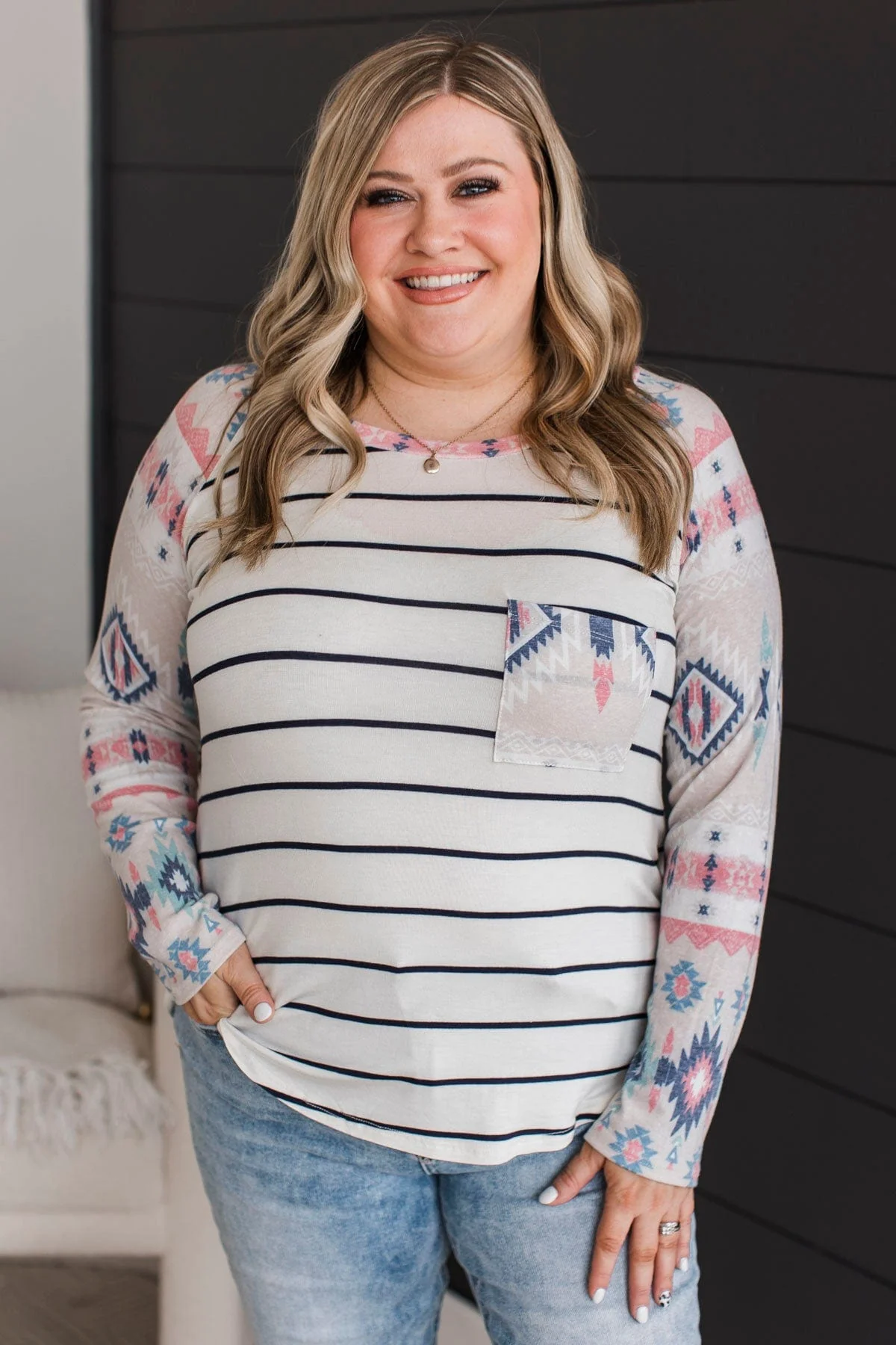 Always Adventuring Aztec Top- Off-White & Navy - Image 4
