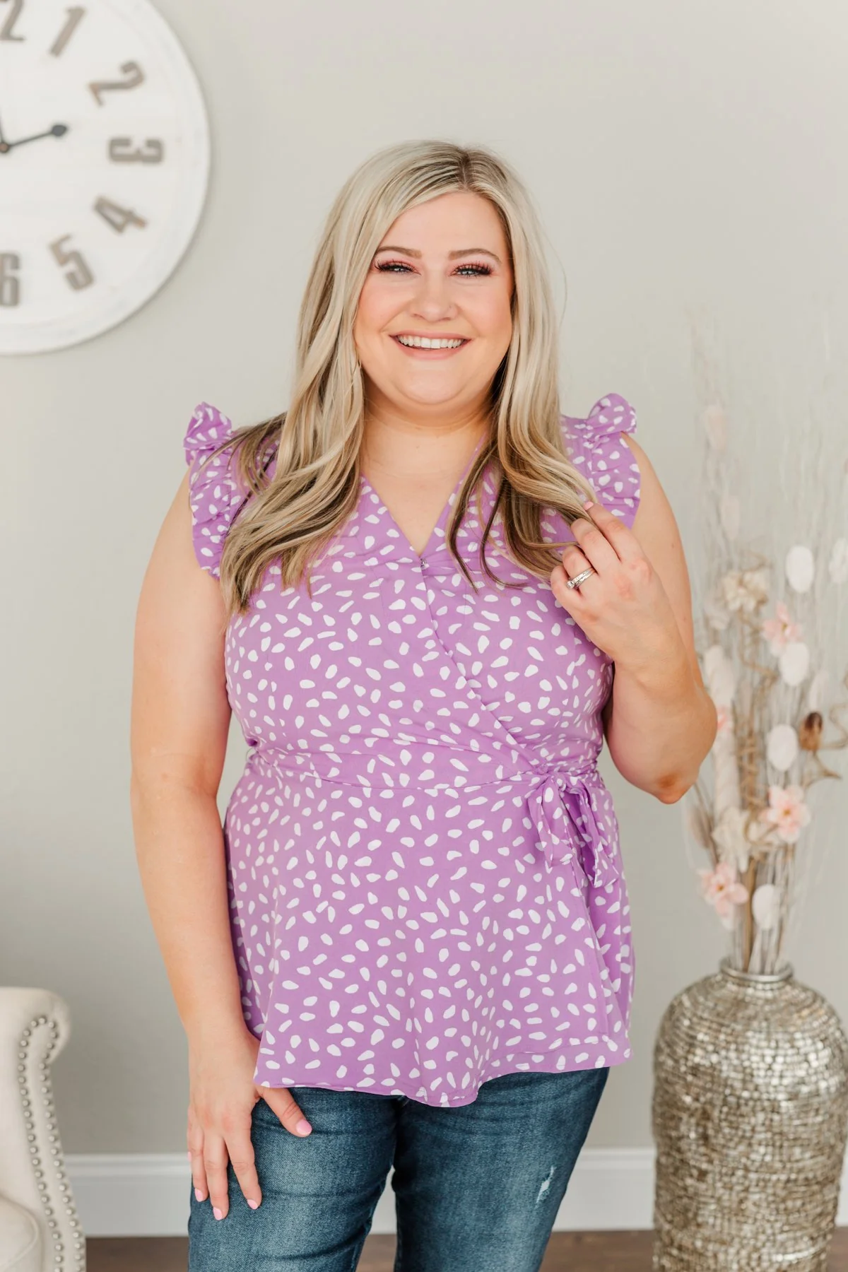 Always Ambitious Spotted Wrap Blouse- Light Purple - Image 3
