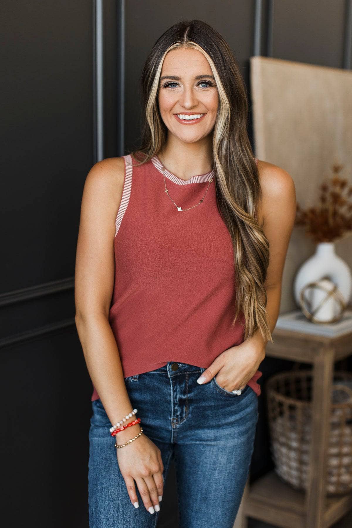 Always An Optimist Contrast Knit Tank Top- Marsala