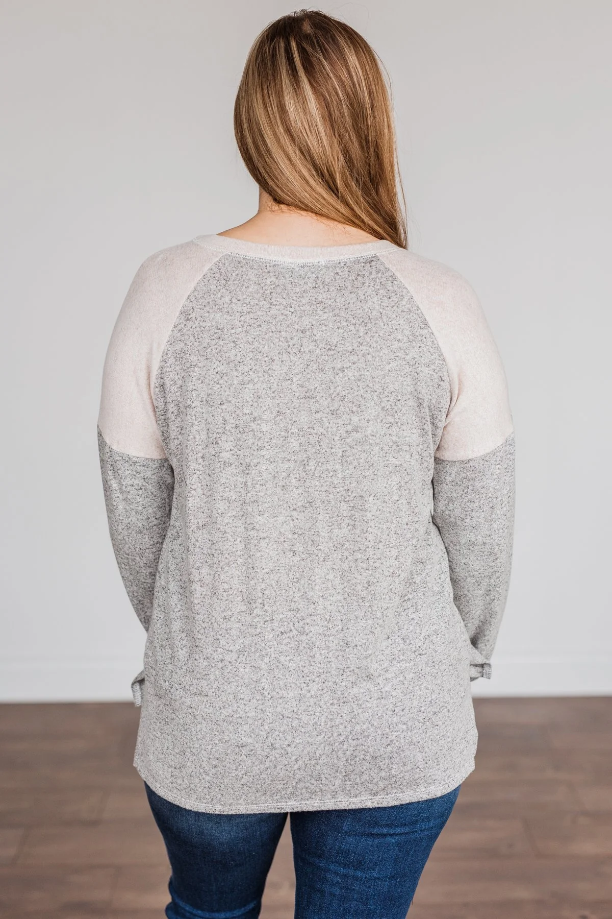 Always Be Me Knit Raglan Top- Heather Grey & Beige - Image 12