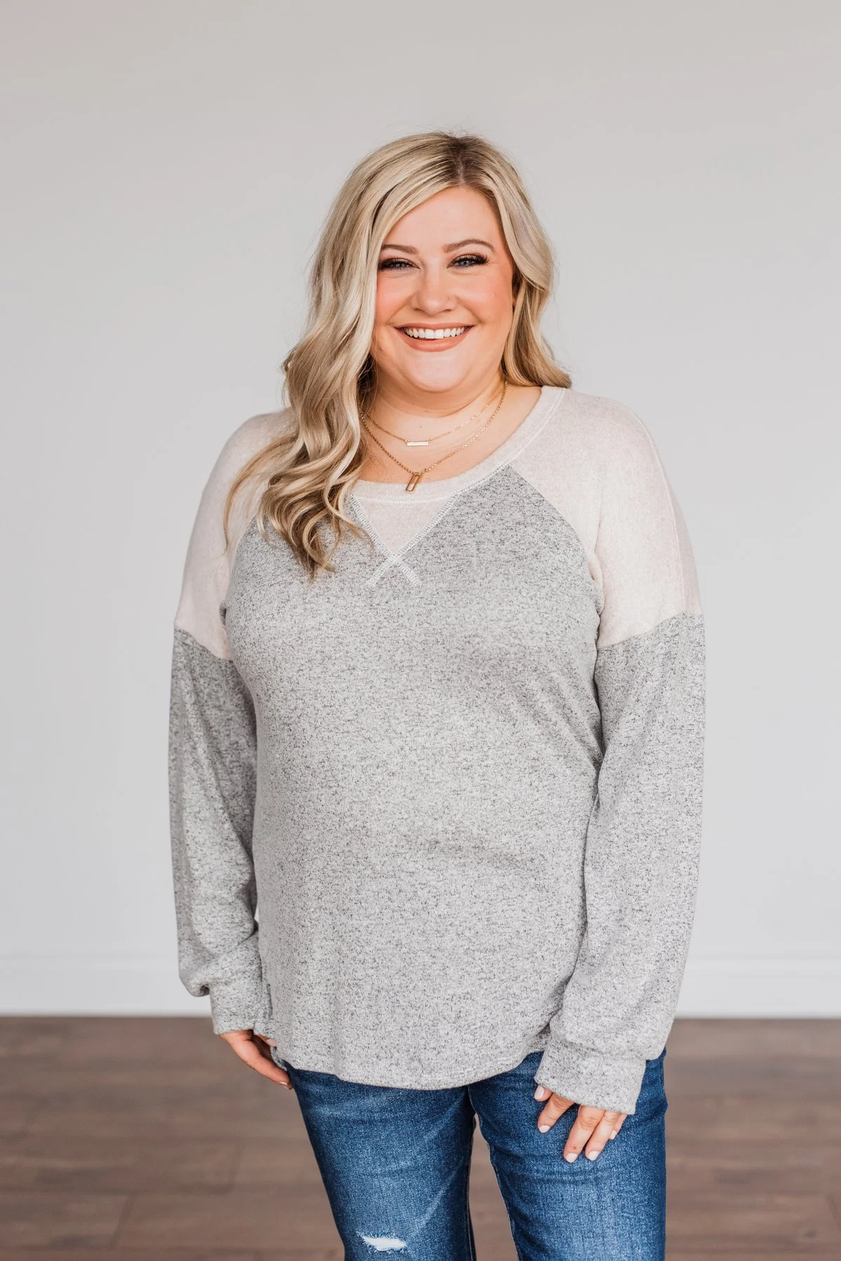 Always Be Me Knit Raglan Top- Heather Grey & Beige - Image 4
