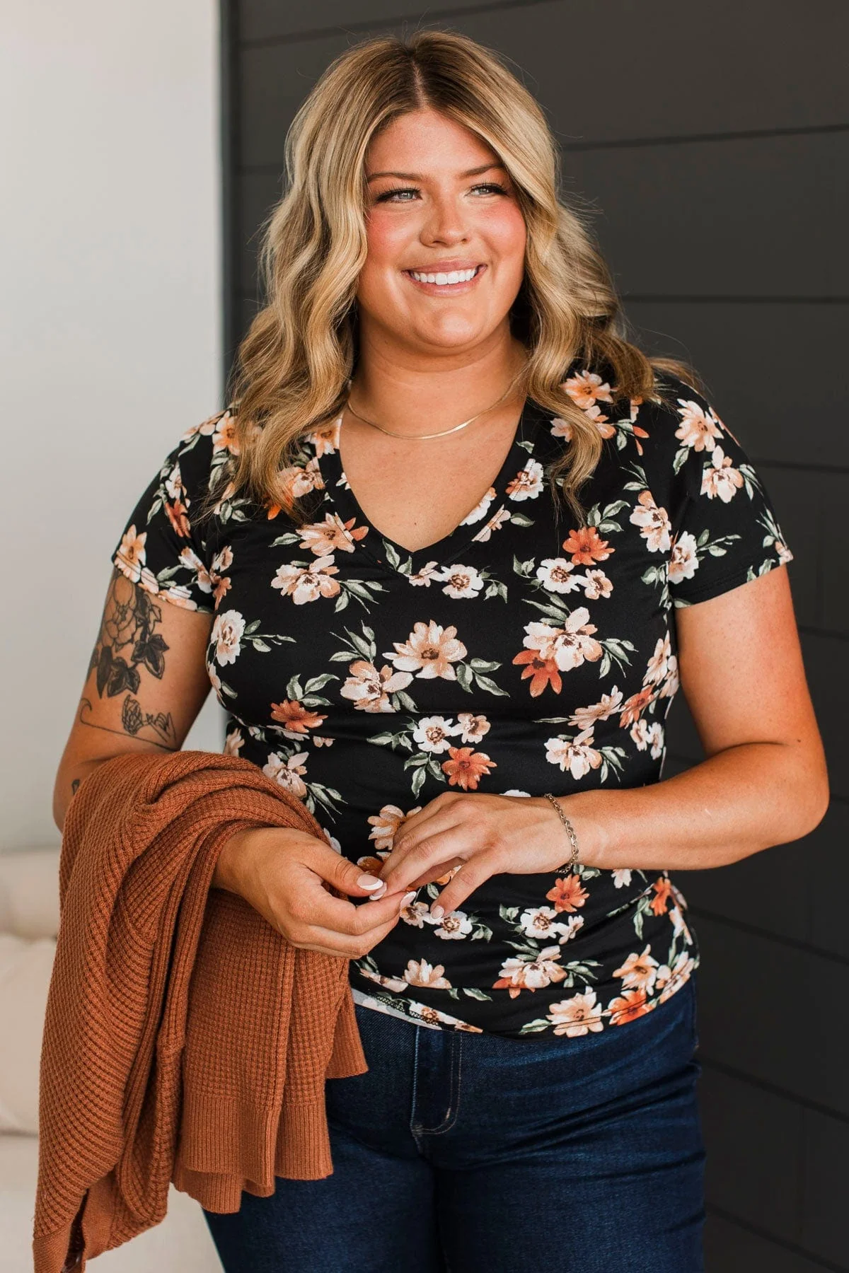 Always Beloved Short Sleeve Floral Top- Black