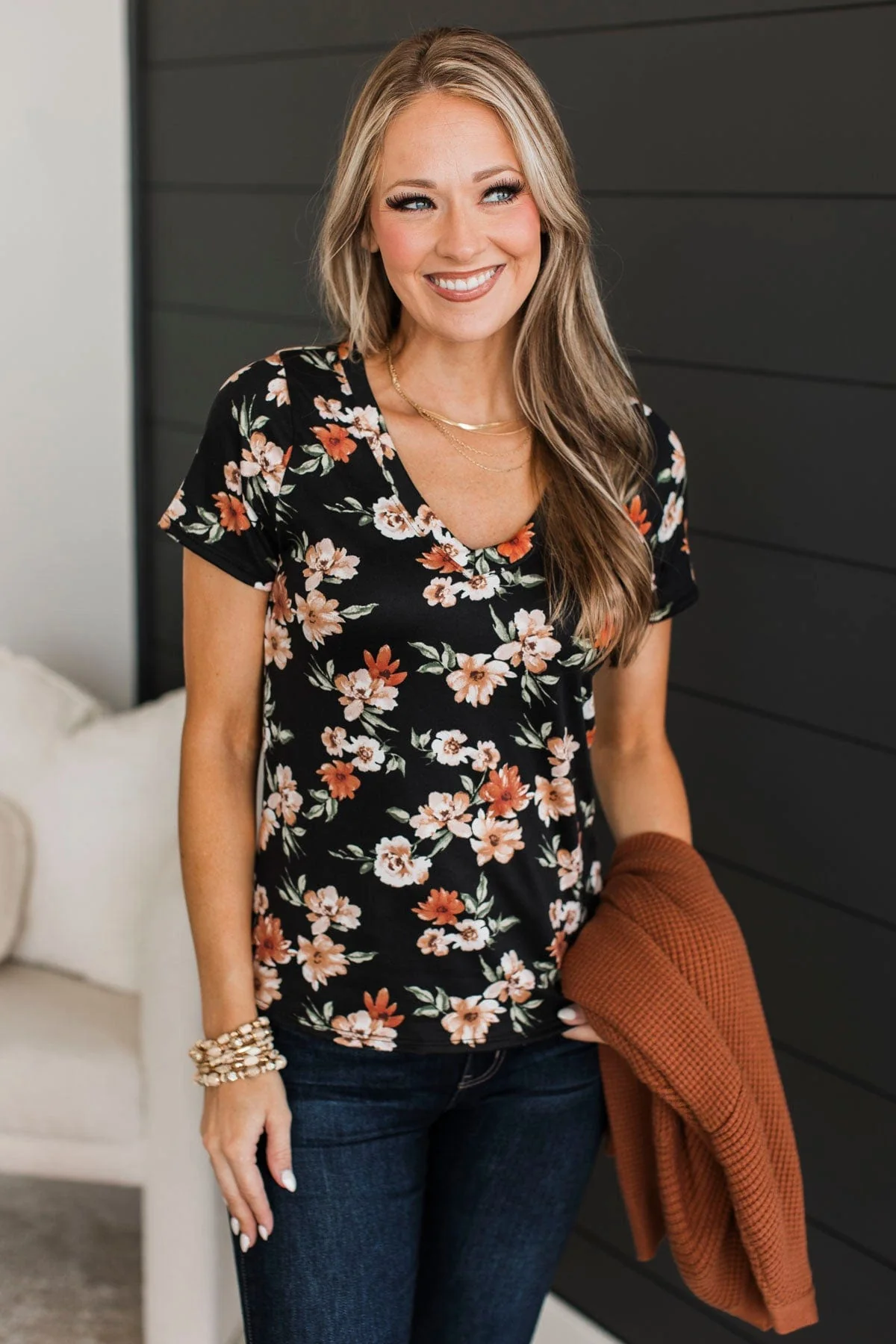 Always Beloved Short Sleeve Floral Top- Black - Image 5