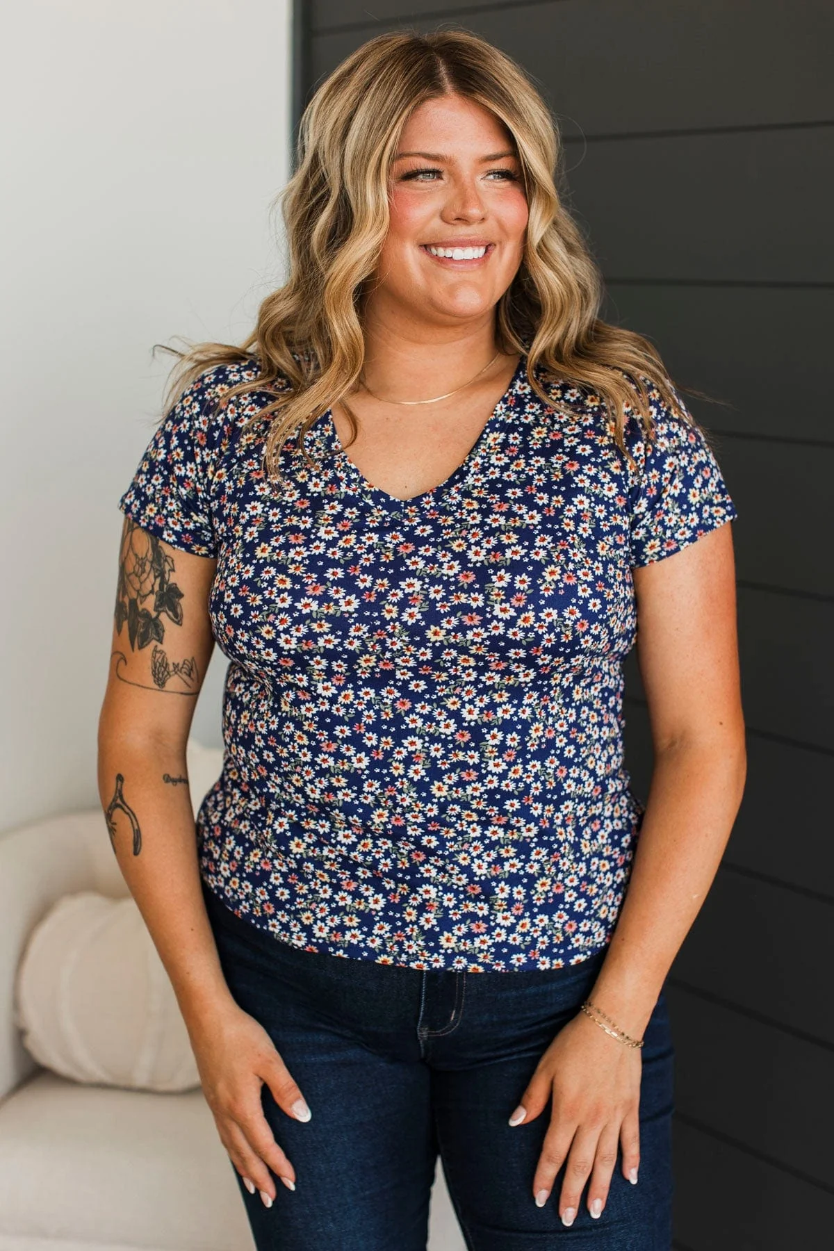 Always Beloved Short Sleeve Floral Top- Royal Blue - Image 3
