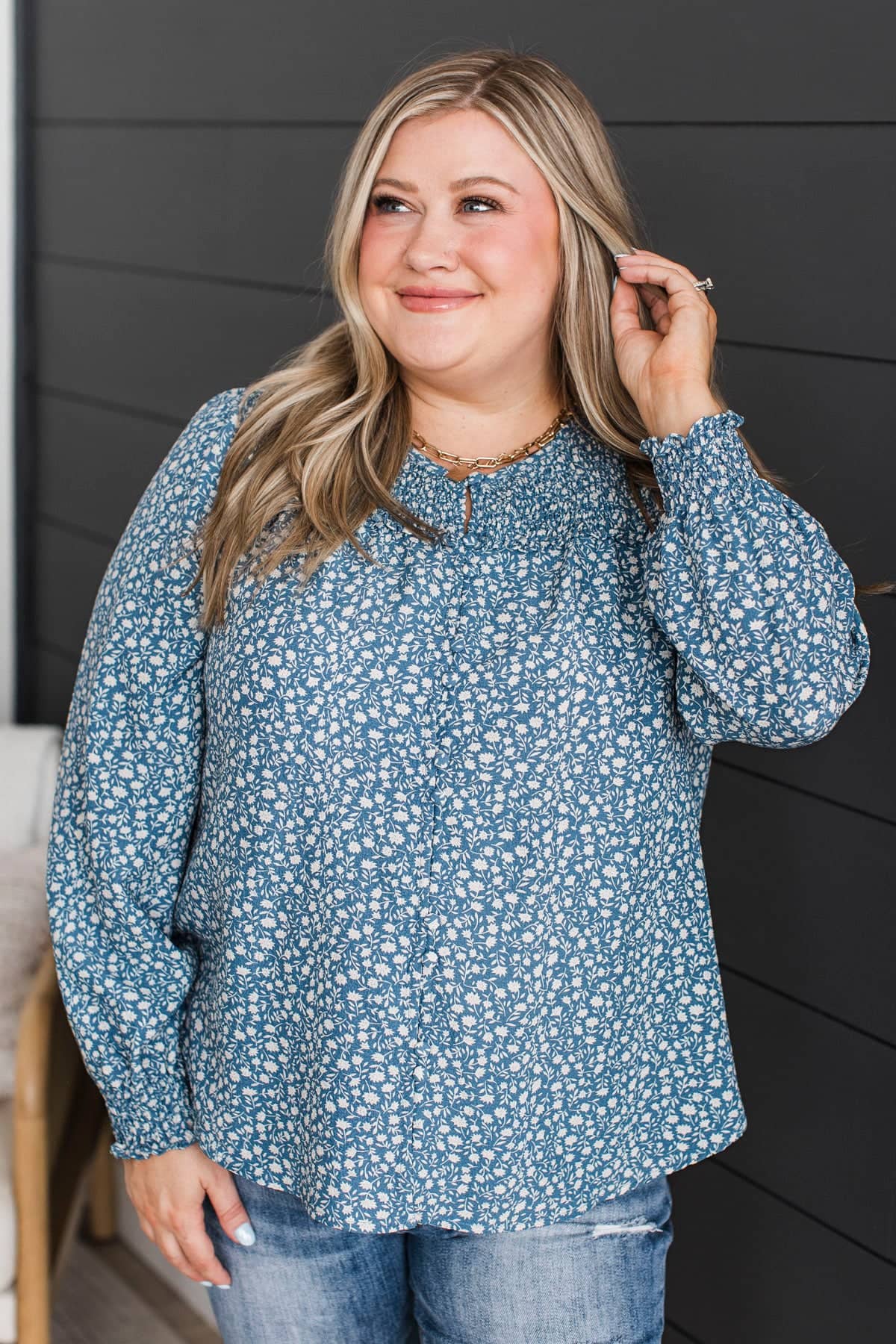 Always Blessed Long Sleeve Floral Blouse- Denim Blue - Image 2
