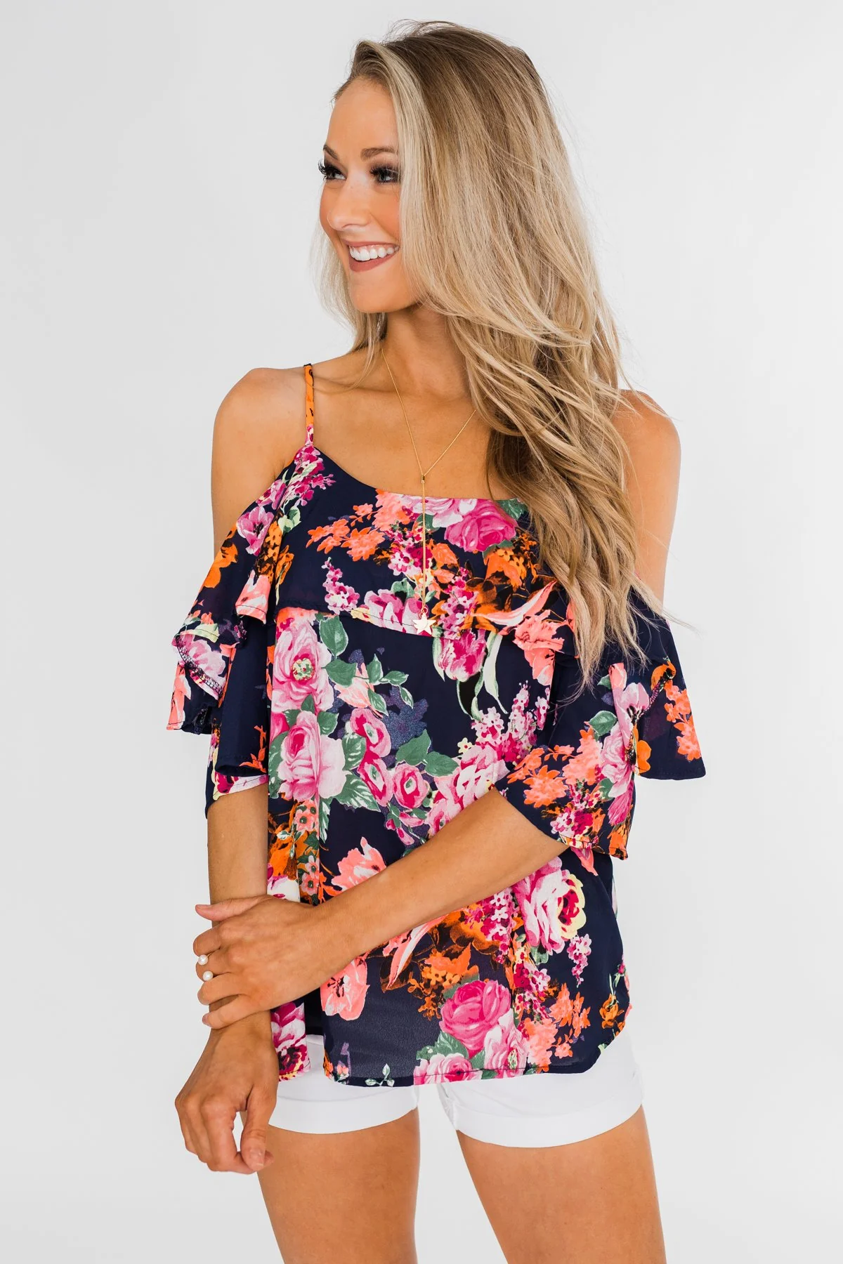 Always Dreaming Floral Cold Shoulder Top- Navy - Image 10