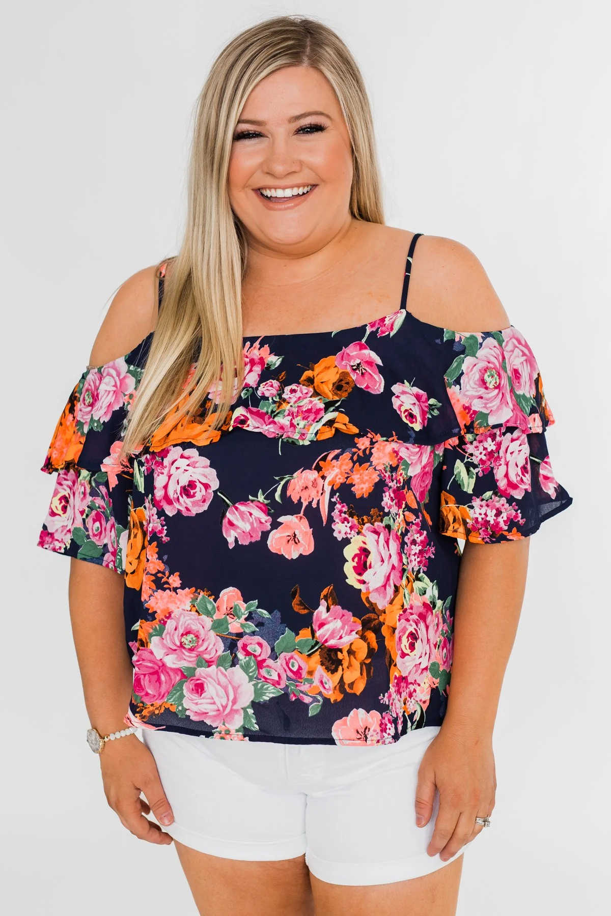 Always Dreaming Floral Cold Shoulder Top- Navy - Image 9