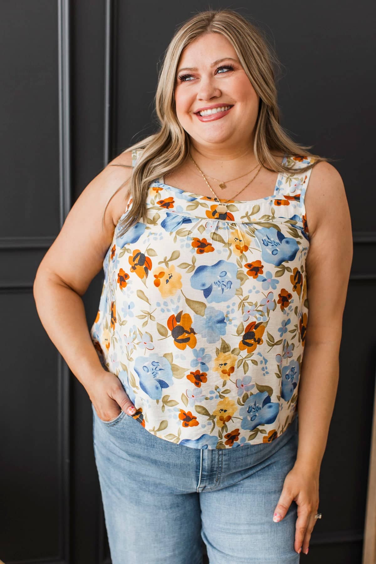 Always Fun Floral Tank Top- Eggshell & Blue - Image 3