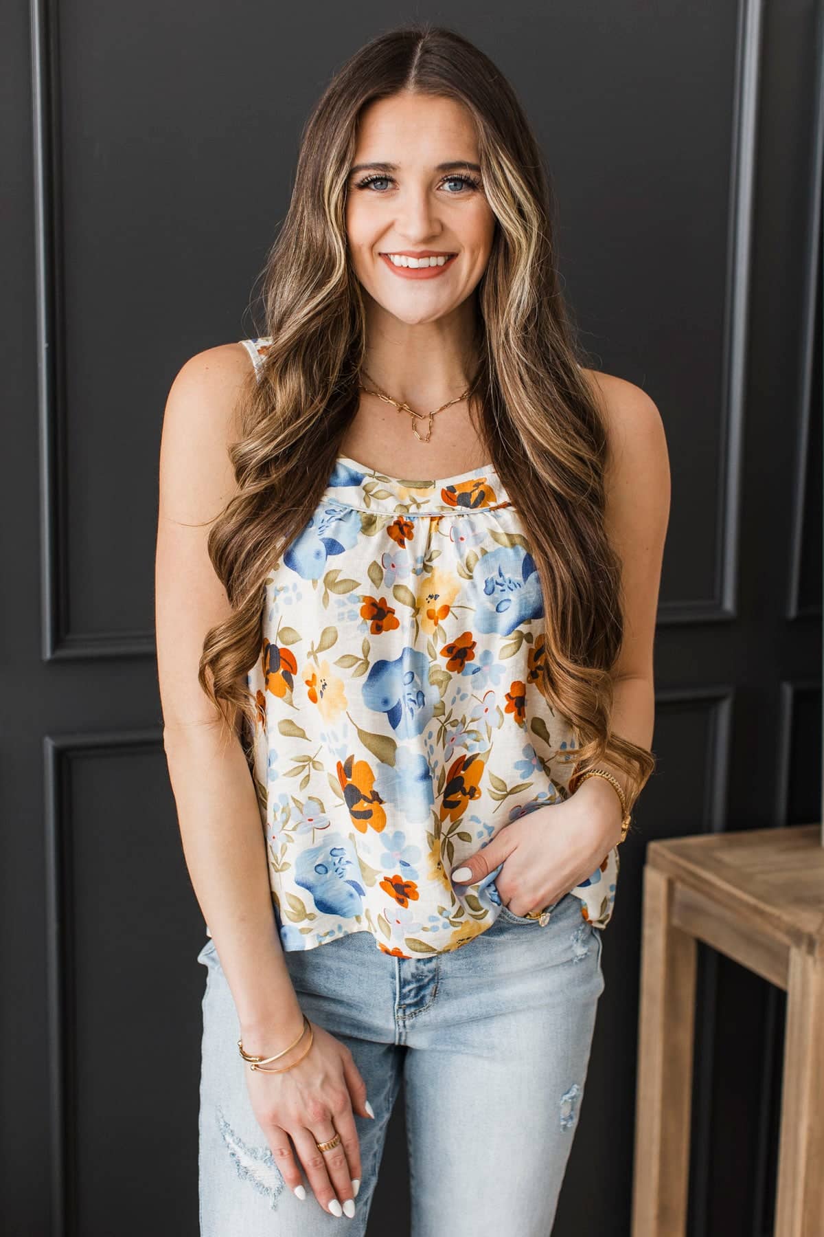 Always Fun Floral Tank Top- Eggshell & Blue - Image 4