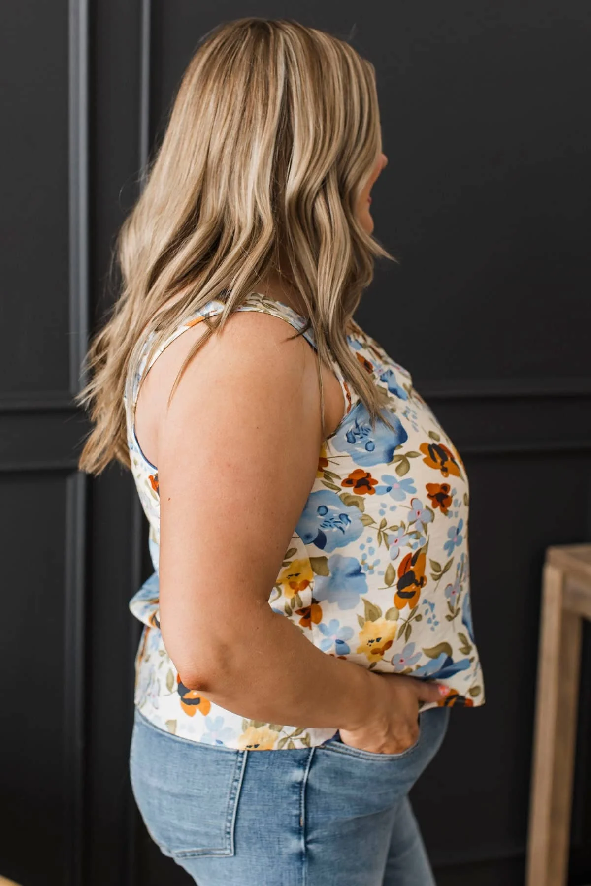 Always Fun Floral Tank Top- Eggshell & Blue - Image 5