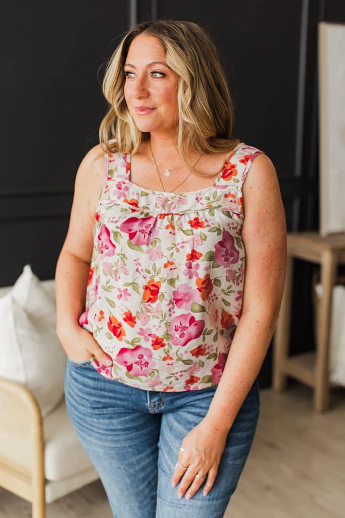 Always Fun Floral Tank Top- Eggshell & Pink - Image 4