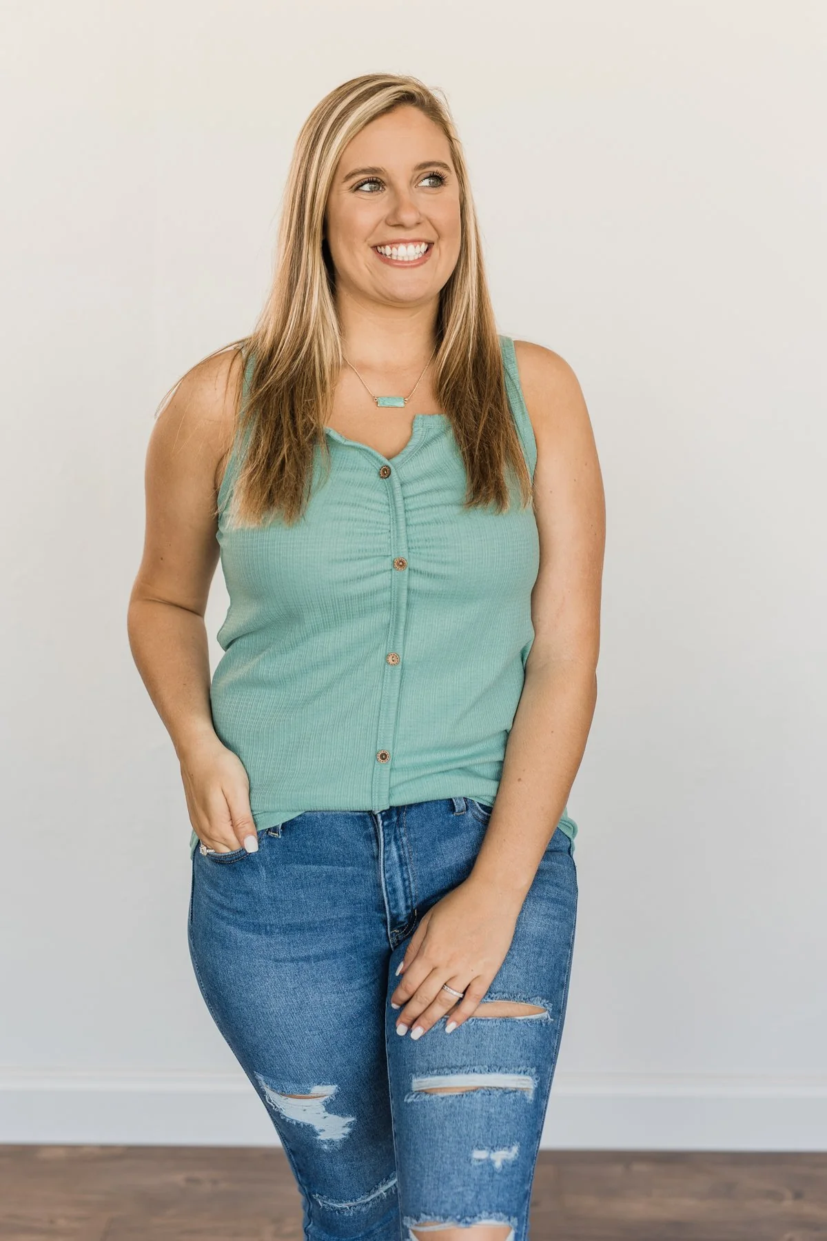 Always In My Heart Notch Tank Top- Soft Teal - Image 3