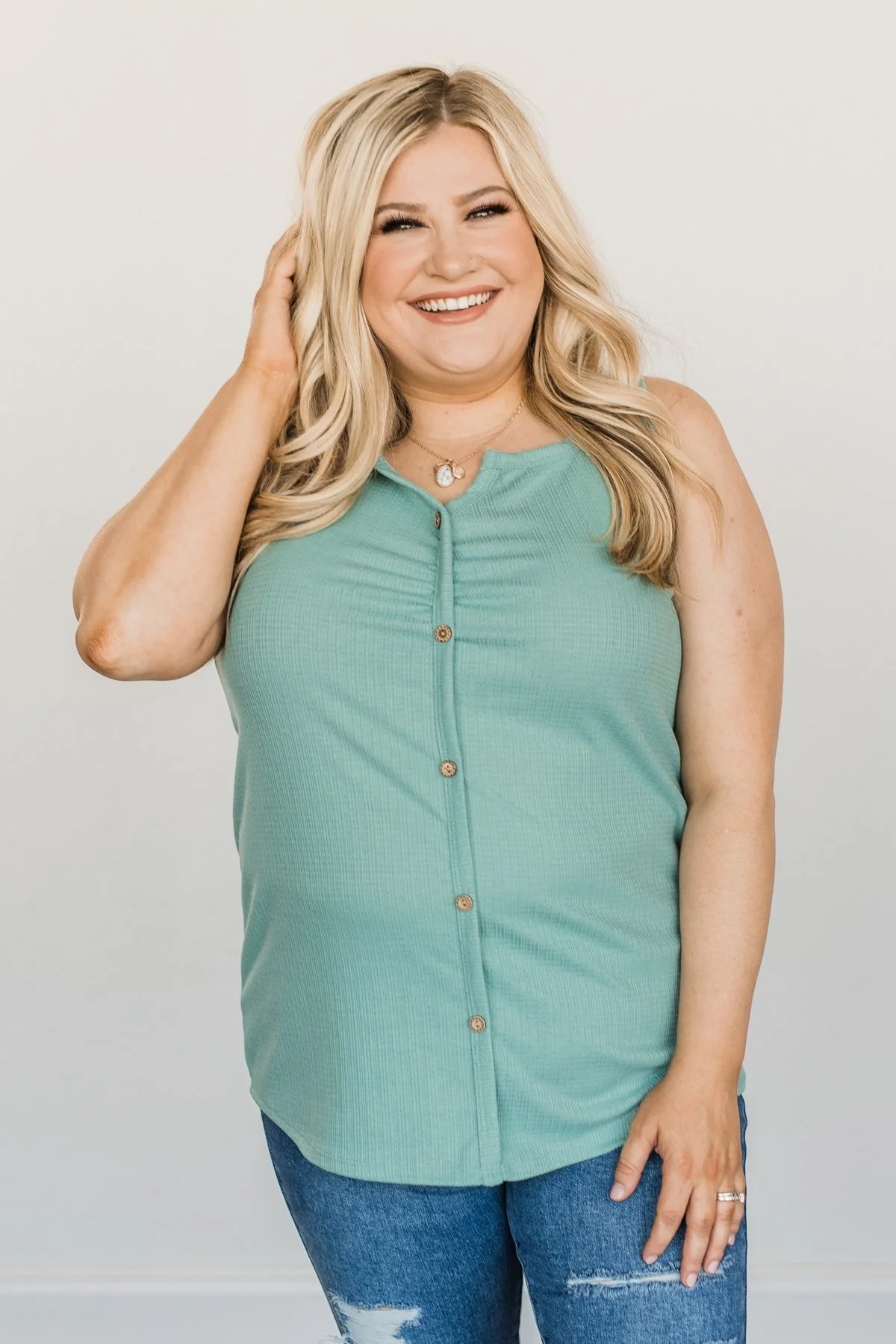 Always In My Heart Notch Tank Top- Soft Teal - Image 4