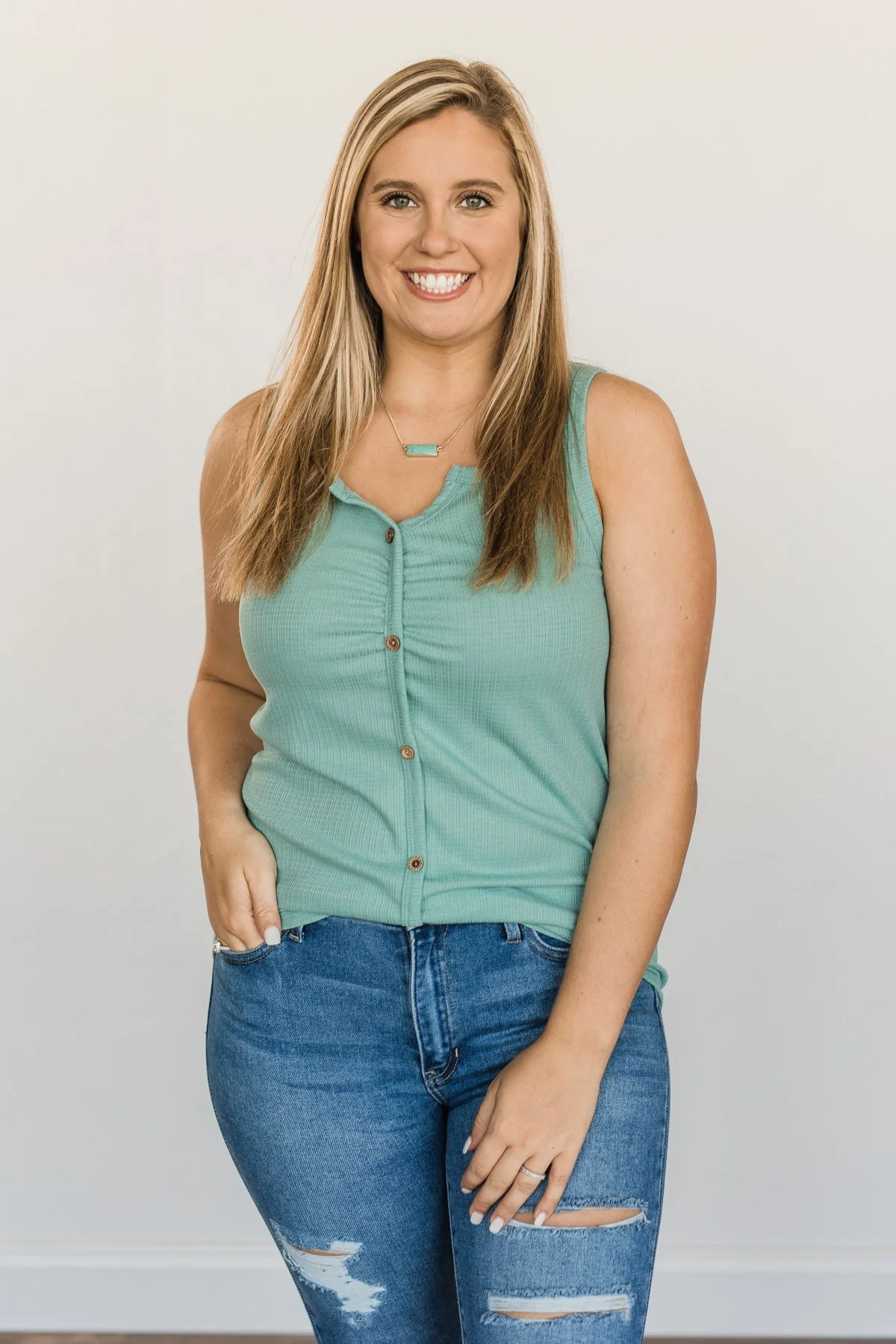 Always In My Heart Notch Tank Top- Soft Teal - Image 5