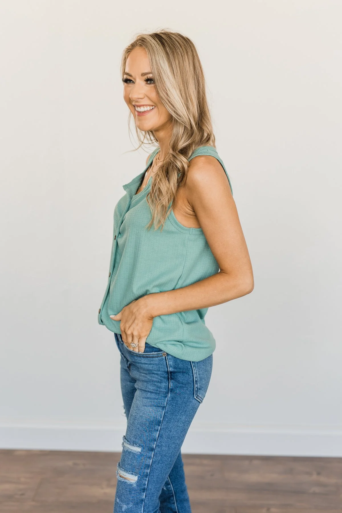 Always In My Heart Notch Tank Top- Soft Teal - Image 7