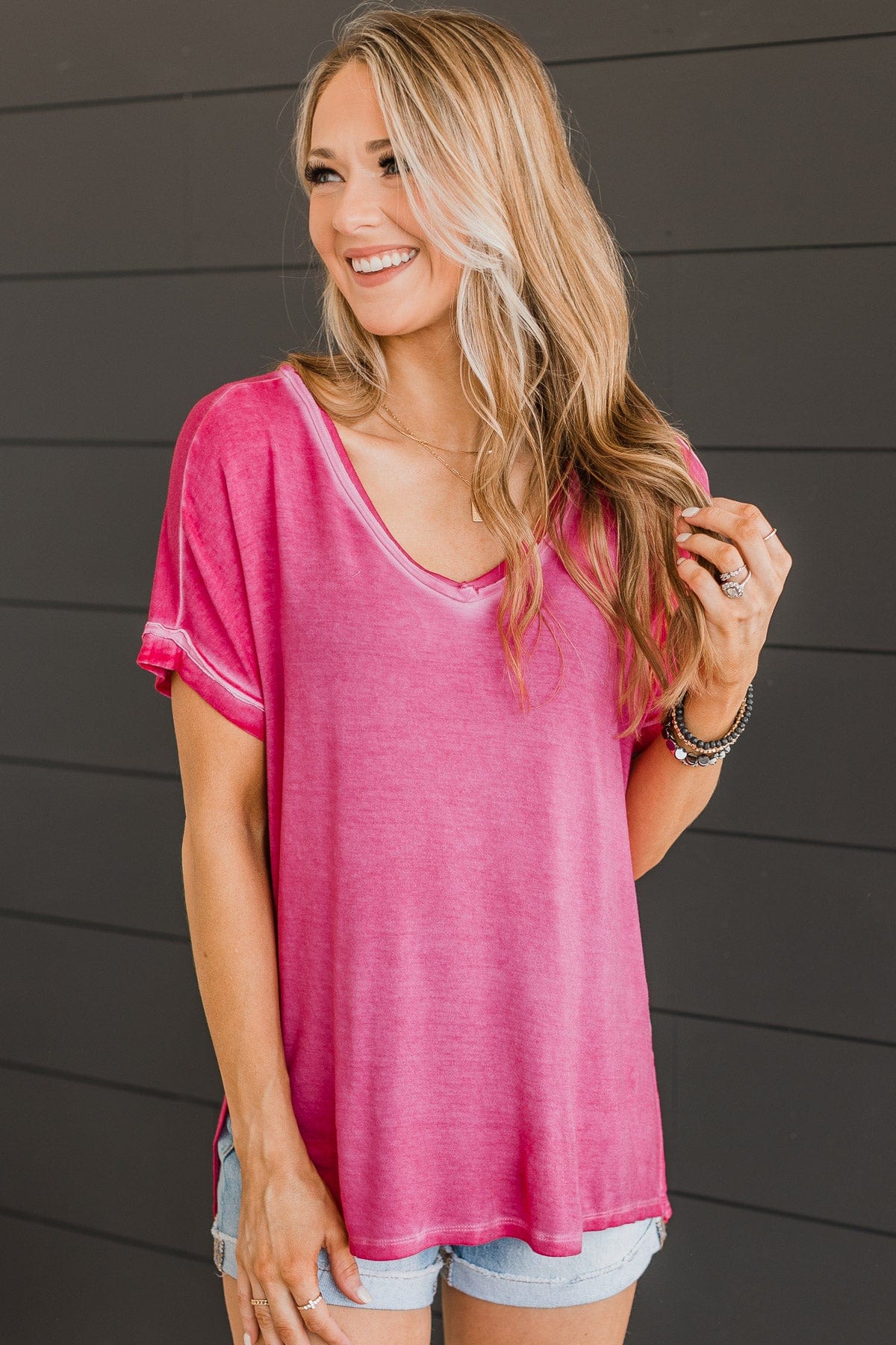 Always Memorable V-Neck Top- Hot Pink - Image 3